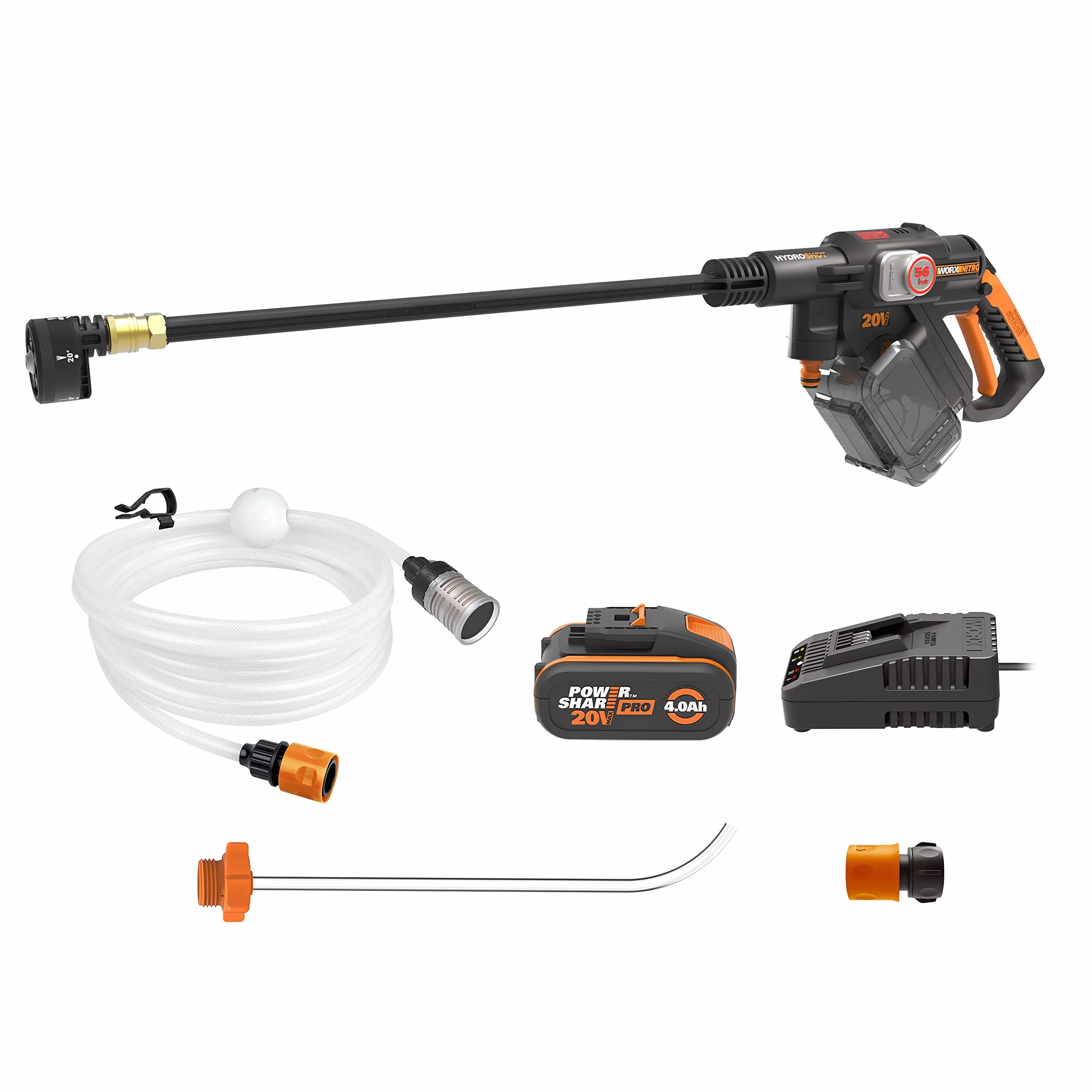 Hydroshot 20 V MAX myjka ciśnieniowa | WORX Nitro | PowerShare | czyszczenie tarasów i mycie samochodów | maks. 56 barów | 220 l/h | łącznie z akumulatorem 4,0 Ah i ładowarką | WG633E