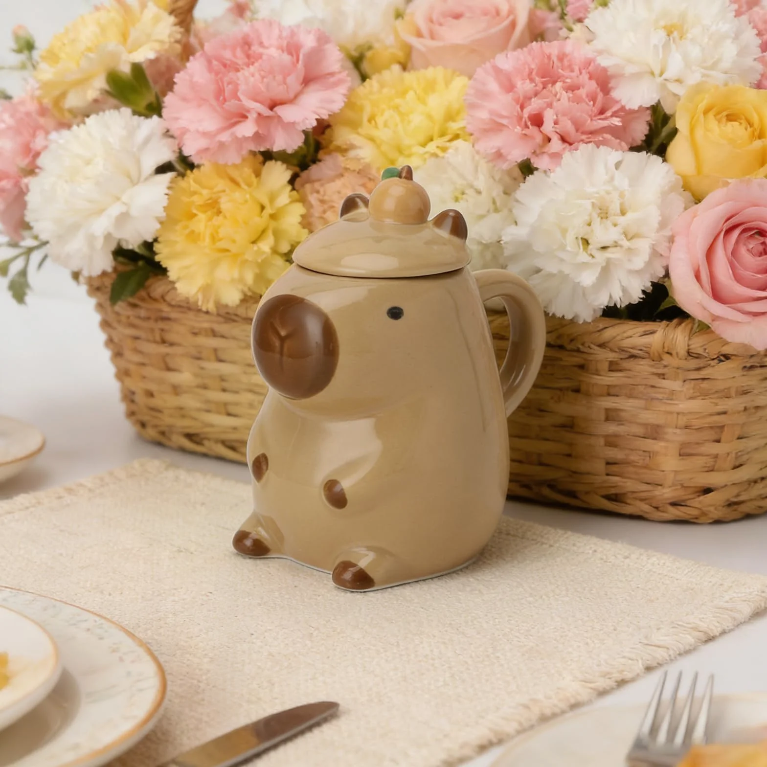 Capybara Filiżanka ceramiczna 450 ml – słodka świnka wodna, filiżanka do kawy z łyżeczką, duży kubek Capybara do kawy i herbaty, uroczy kubek ze zwierzętami do biura, pomysł na prezent dla