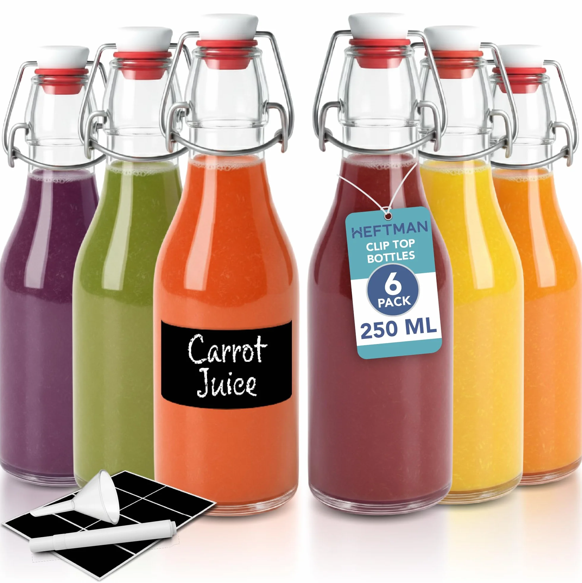 HEFTMAN Szklane butelki z korkami, 250 ml, 6 sztuk, przezroczyste butelki do warzenia piwa z hermetycznymi korkami na wino, przyprawy, napoje, olej, ocet, kombucha i wodę, 6 szt. (250 ml)