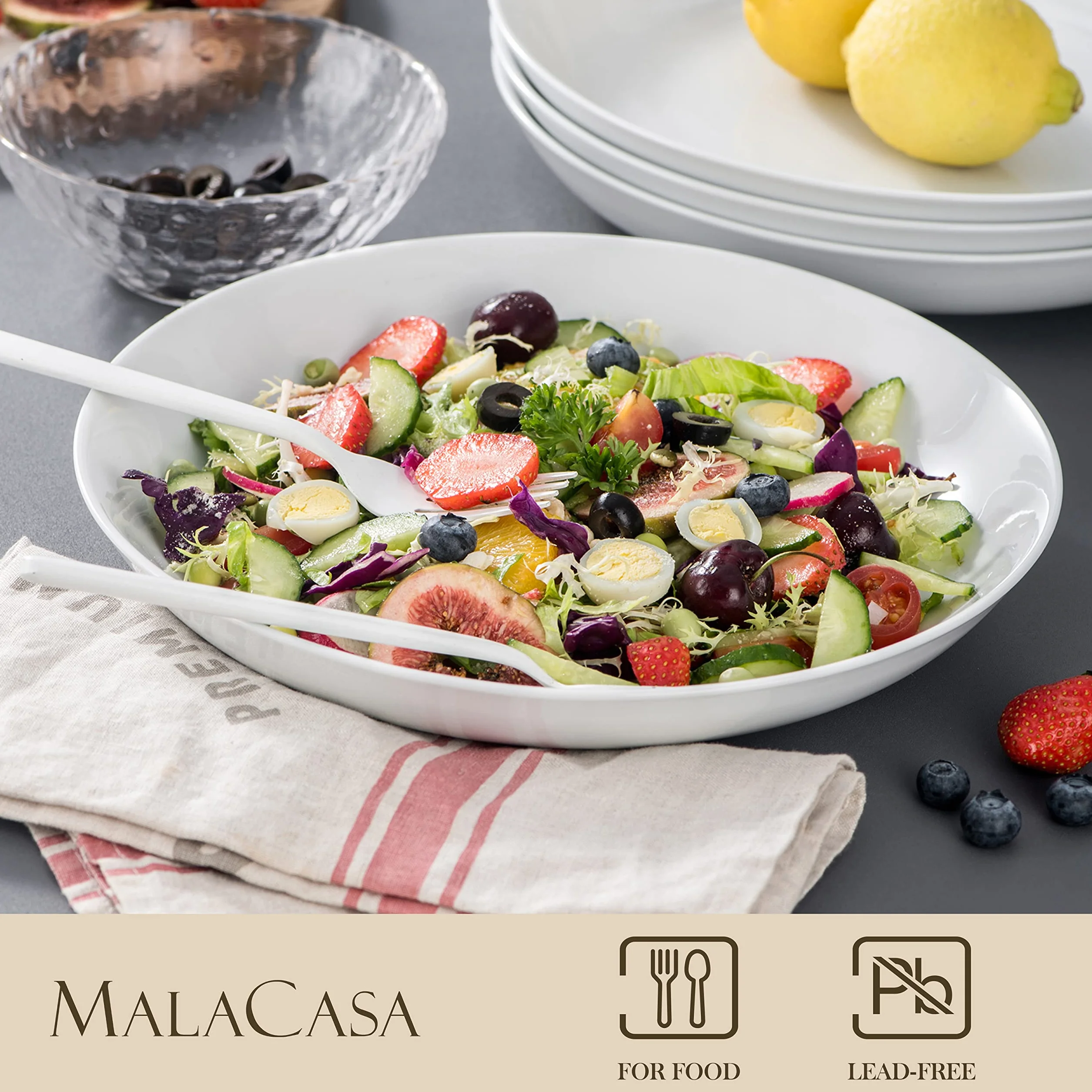 MALACASA Seria Regular, 1300 ml Porcelanowe talerze do makaronu, puste naczynia, 4 sztuki, zestaw misek do sałatek, biały