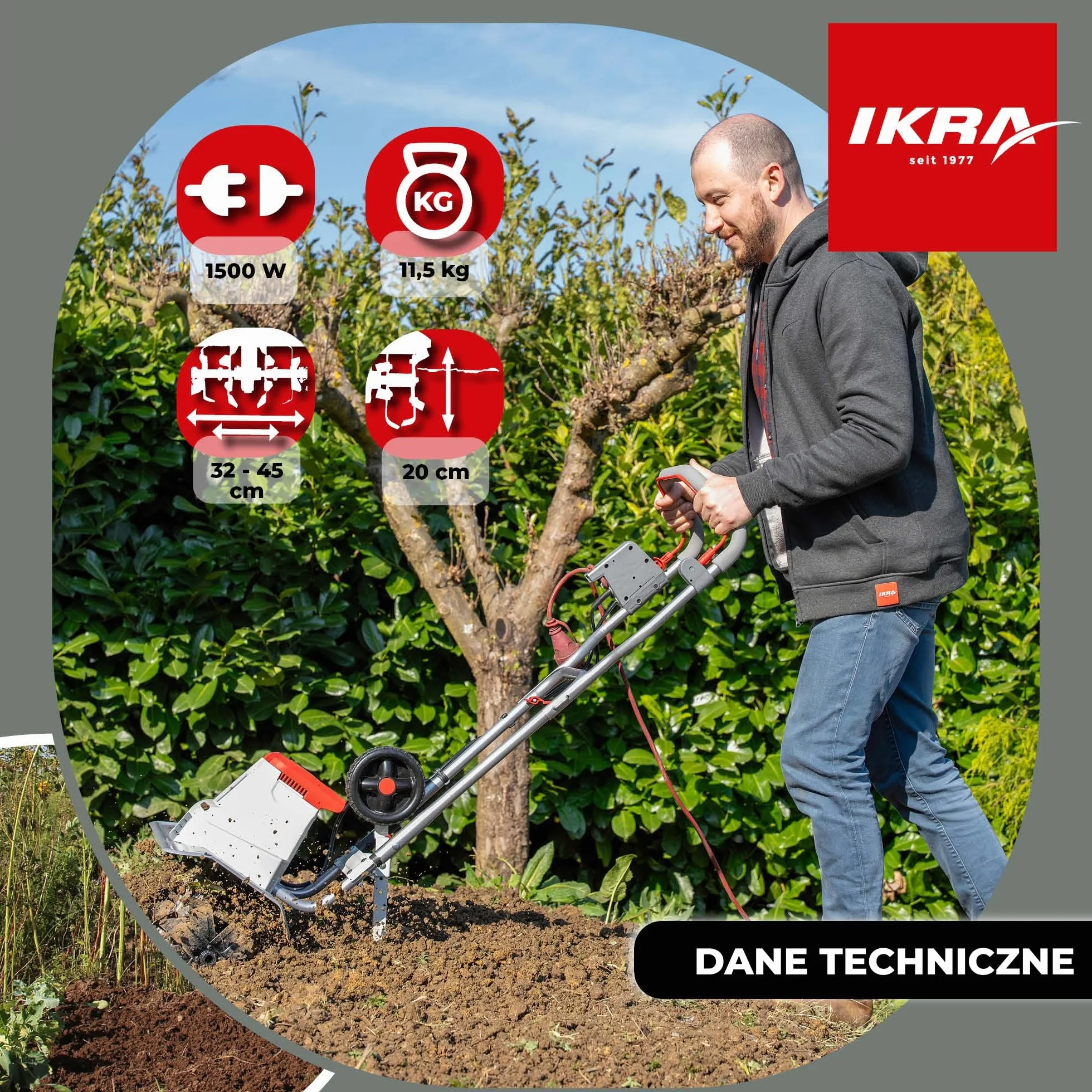 IKRA Glebogryzarka elektryczna IEM 1500, elastyczna szerokość robocza 32 i 45 cm, głębokość robocza do 20 cm, moc 1500 W