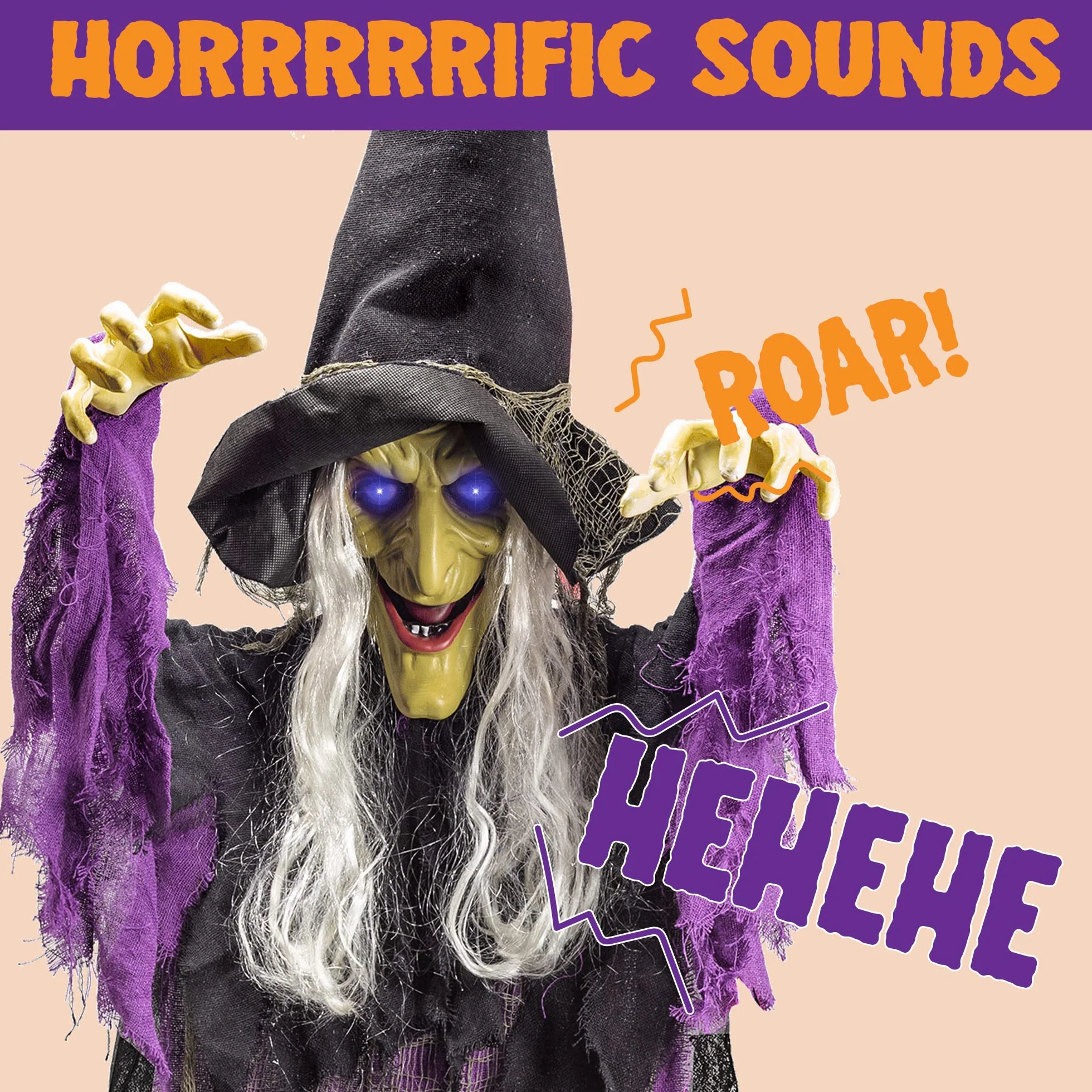 Wisząca animowana dekoracja w postaci mówiącej czarownicy, ze świecącymi oczami i funkcją aktywacji dźwiękiem, na Halloween, do nawiedzonego domu, na zewnątrz, do wewnątrz, 182,9 cm, kolor niebieski