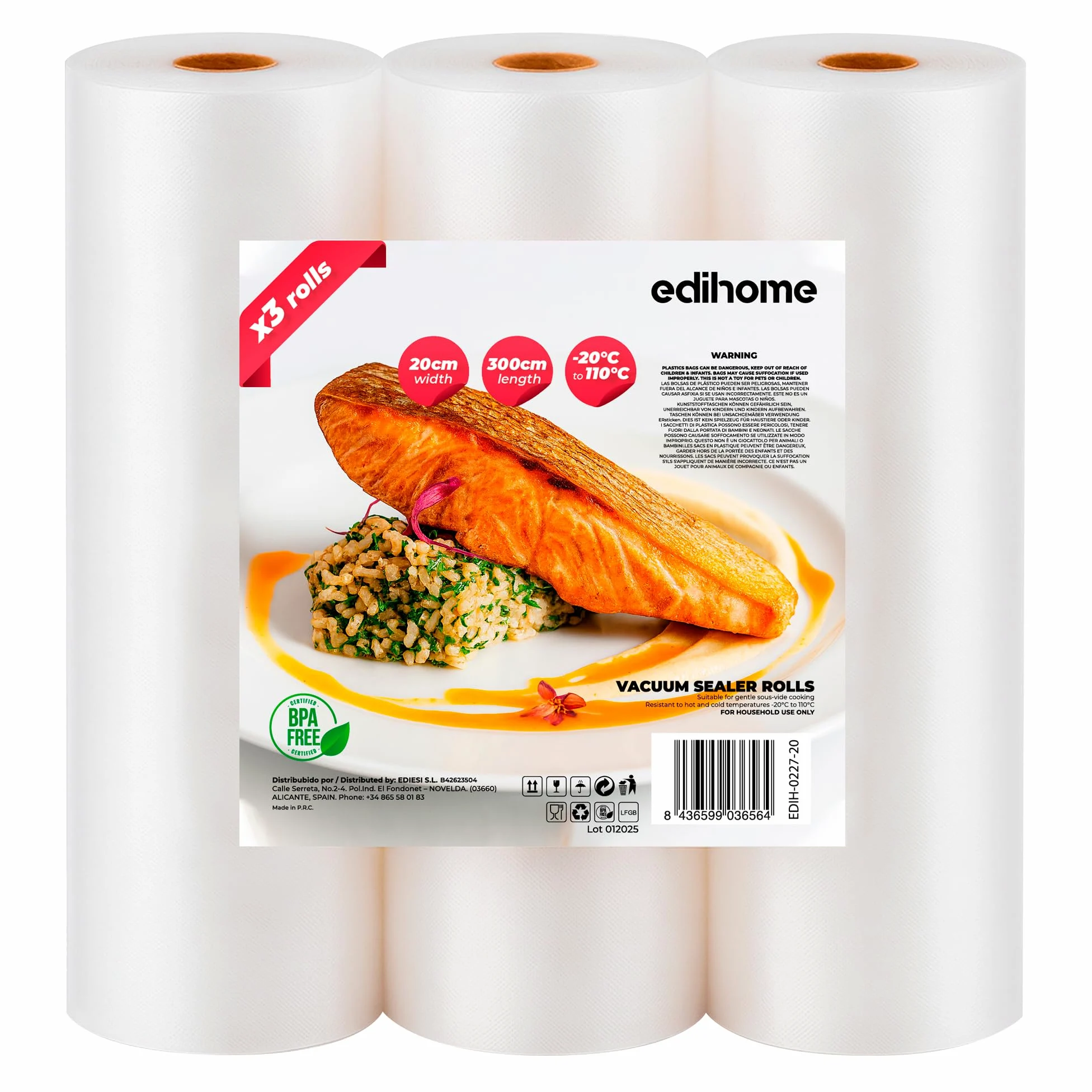 Edihome, Worek próżniowy na żywność, 3 rolki, 20 x 300 cm, saszetka, bez BPA, do pakowania żywności, konserwacja, do kuchni, plastik (20x300cm)