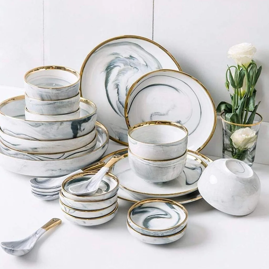 Ceramiczna zastawa stołowa, 26 sztuk Phnom Penh Szary marmur Ceramika Zestaw obiadowy Porcelanowa miska Danie Łyżka Zastawa stołowa Usługa łączona dla 6 osób