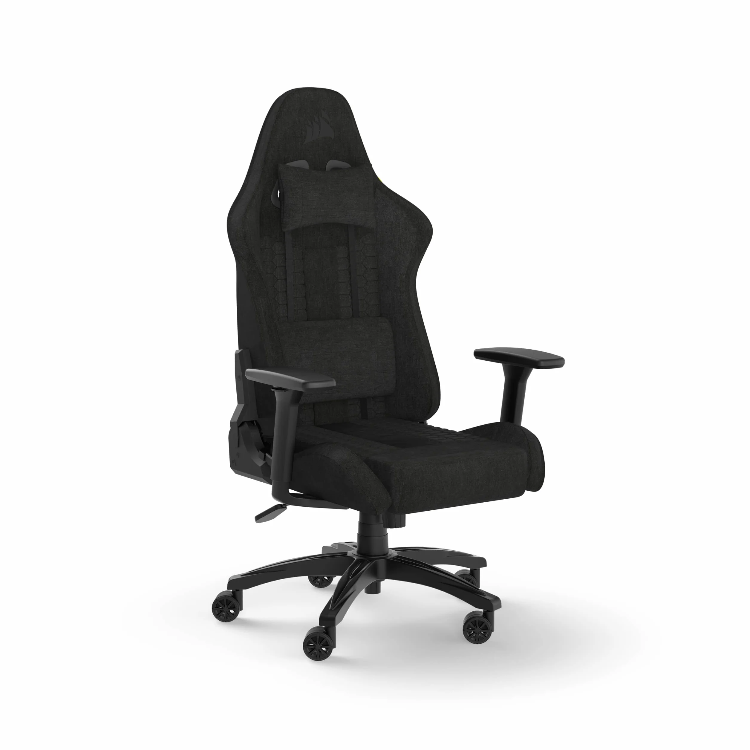 Corsair TC100 Relaxed Fotel do gier - tkanina - design inspirowany sportami motorowymi - poduszka lędźwiowa - odpinana poduszka na kartkę z pianki memory - czarny