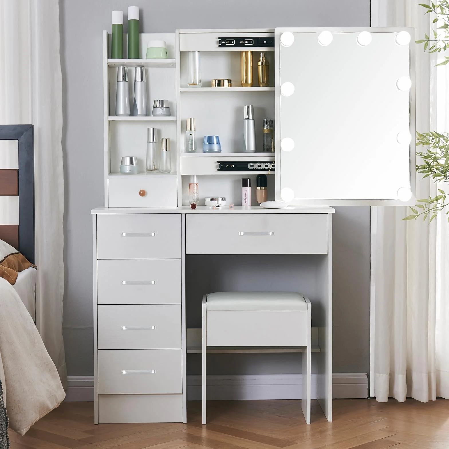 Toaletka z oświetleniem i lustrem, toaletka z taboretem, toaletka z 6 szufladami, 3 temperatury barwowe i regulowana jasność, biała, 36 x 80 x 131 cm, SD19070114
