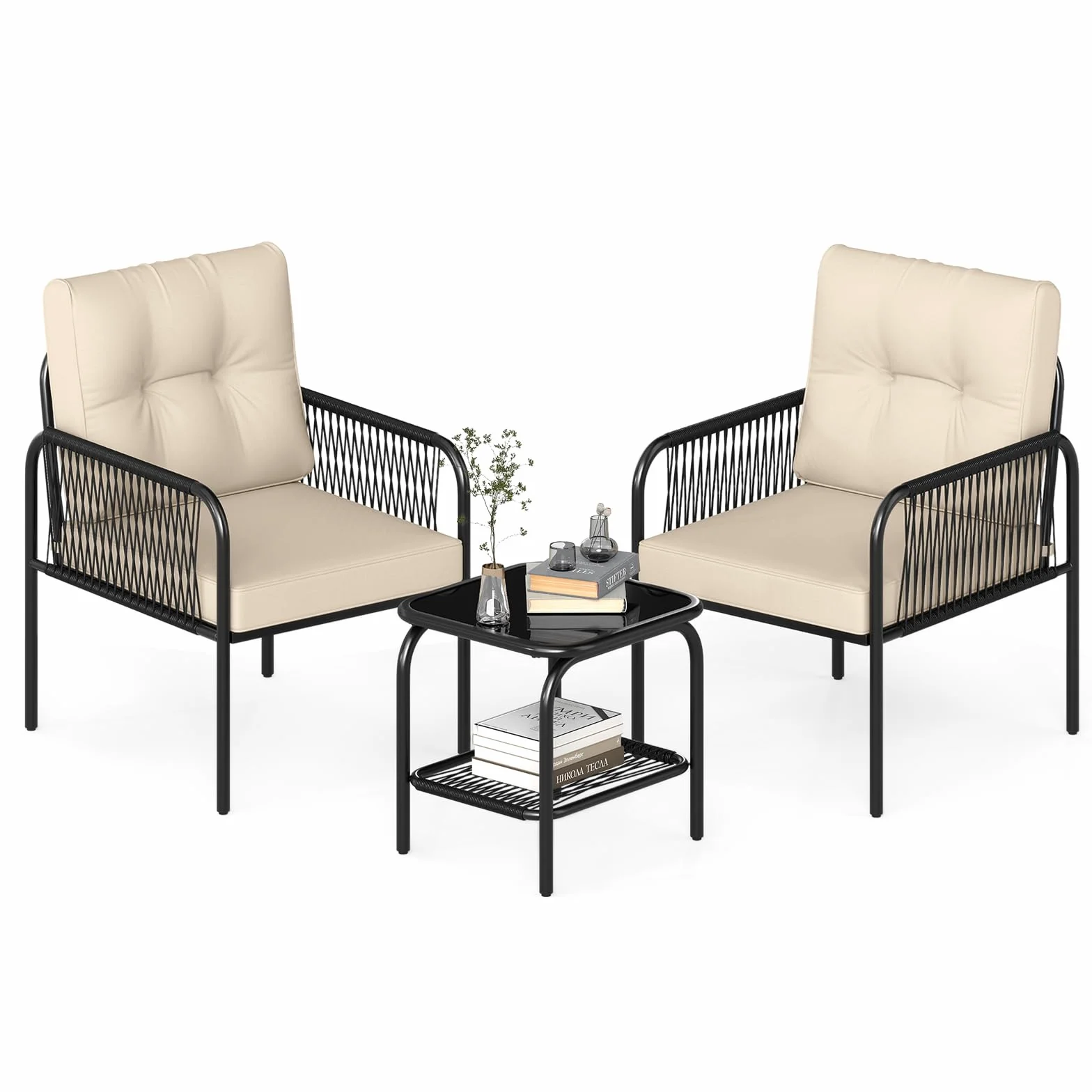 GIANTEX 2-osobowy rattan ogrodowy stół ogrodowy z 2 krzesłami podłokietnikowymi, 4 zdejmowane poduszki, stolik kawowy z półką, blat ze szkła hartowanego, na balkon, taras