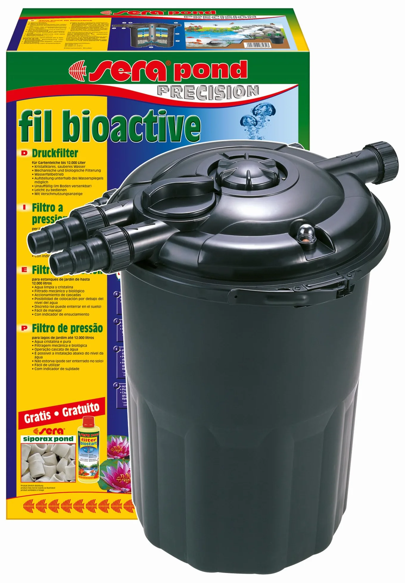 sera pond fil bioactive filtr ciśnieniowy - mechaniczny i biologicznie aktywny filtr do stawu do wszystkich oczek do 12000 l wraz z 6 litrami pond siporax 25 mm i biologiczny rozrusznik filtra