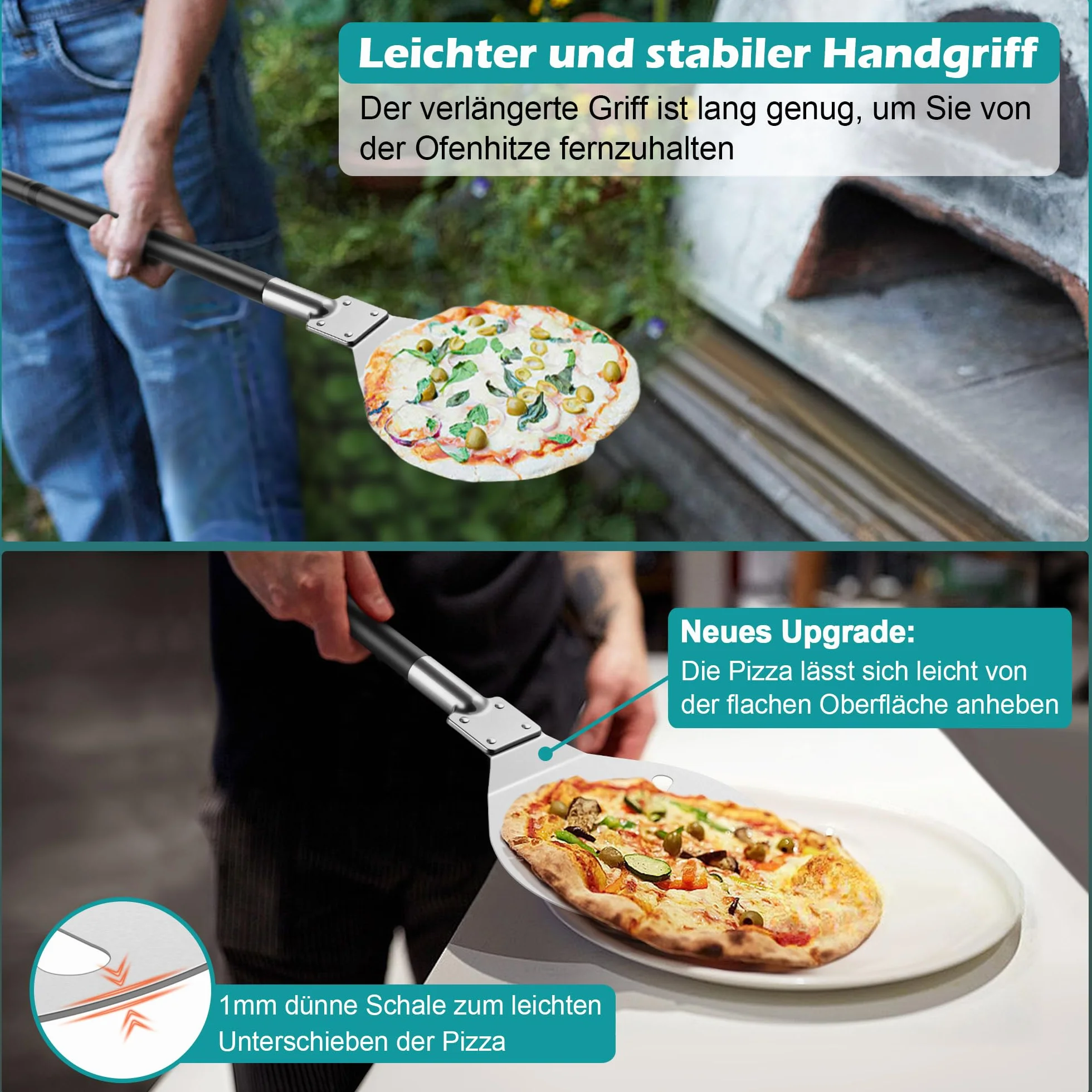 Onader Perforowana łopatka do pizzy, ze stali nierdzewnej, okrągła łopatka do pizzy, ze zdejmowanym metalowym uchwytem, do pizzy, chleba, ciasta, zdrowa i łatwa do czyszczenia – 17,8 x 30,7 x 112,5 cm