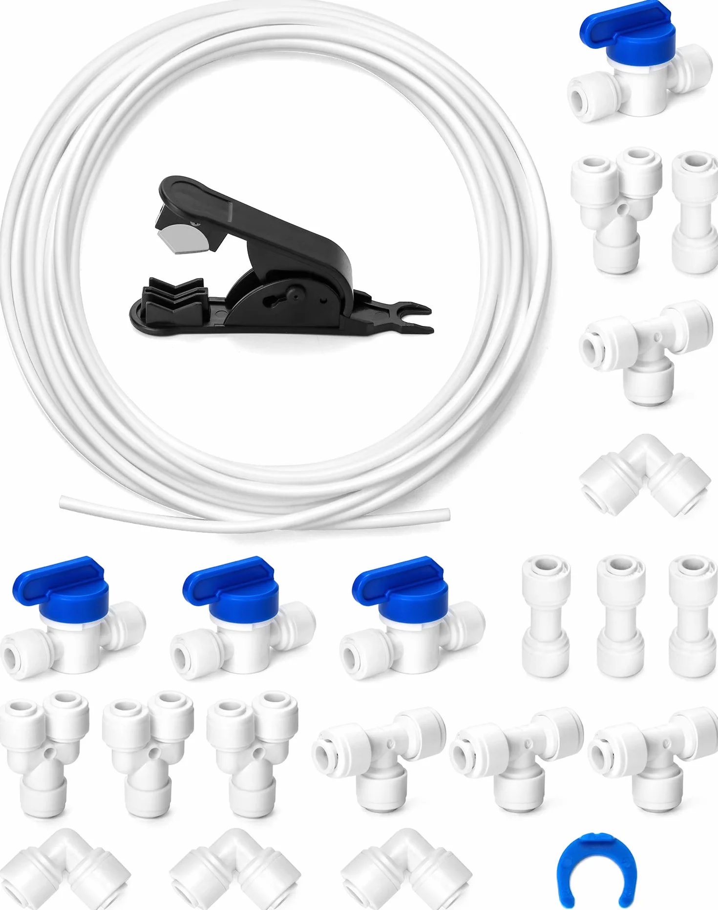 QWORK® 10m 6.35mm (1/4 ") Uniwersalny zestaw przyłączeniowy do rury wlotowej wody (Y + T + I + L typu Combo + zawór odcinający) z przecinakiem do węża, odpowiedni do większości zamrażarek