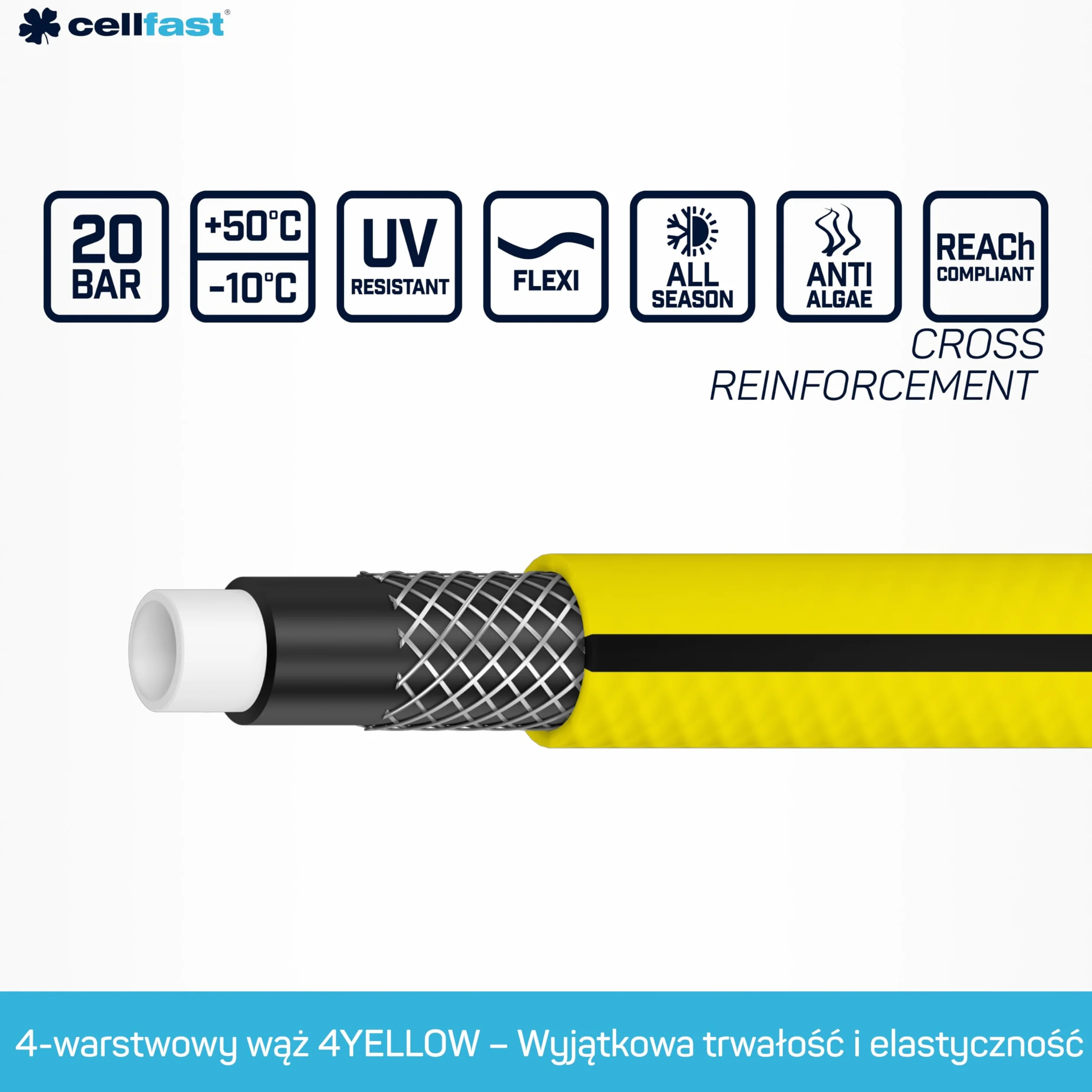 Cellfast Zestaw Wąż Ogrodowy YELLOW, Lekki, Wytrzymały, 4-Warstwowy, Zraszacz, Odporny na UV i Glony, odporność na skręcanie, Technologia REACH, 20 Bar, -10/+50°С temp. 1/2", 15m