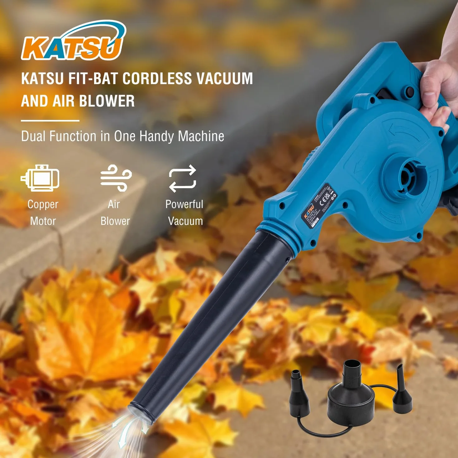 KATSU FIT-BAT 21 V akumulatorowa dmuchawa z baterią 1,5 Ah i ładowarką, przenośna do liści pyłu powietrza do pielęgnacji trawników ogrodowych (budżet)