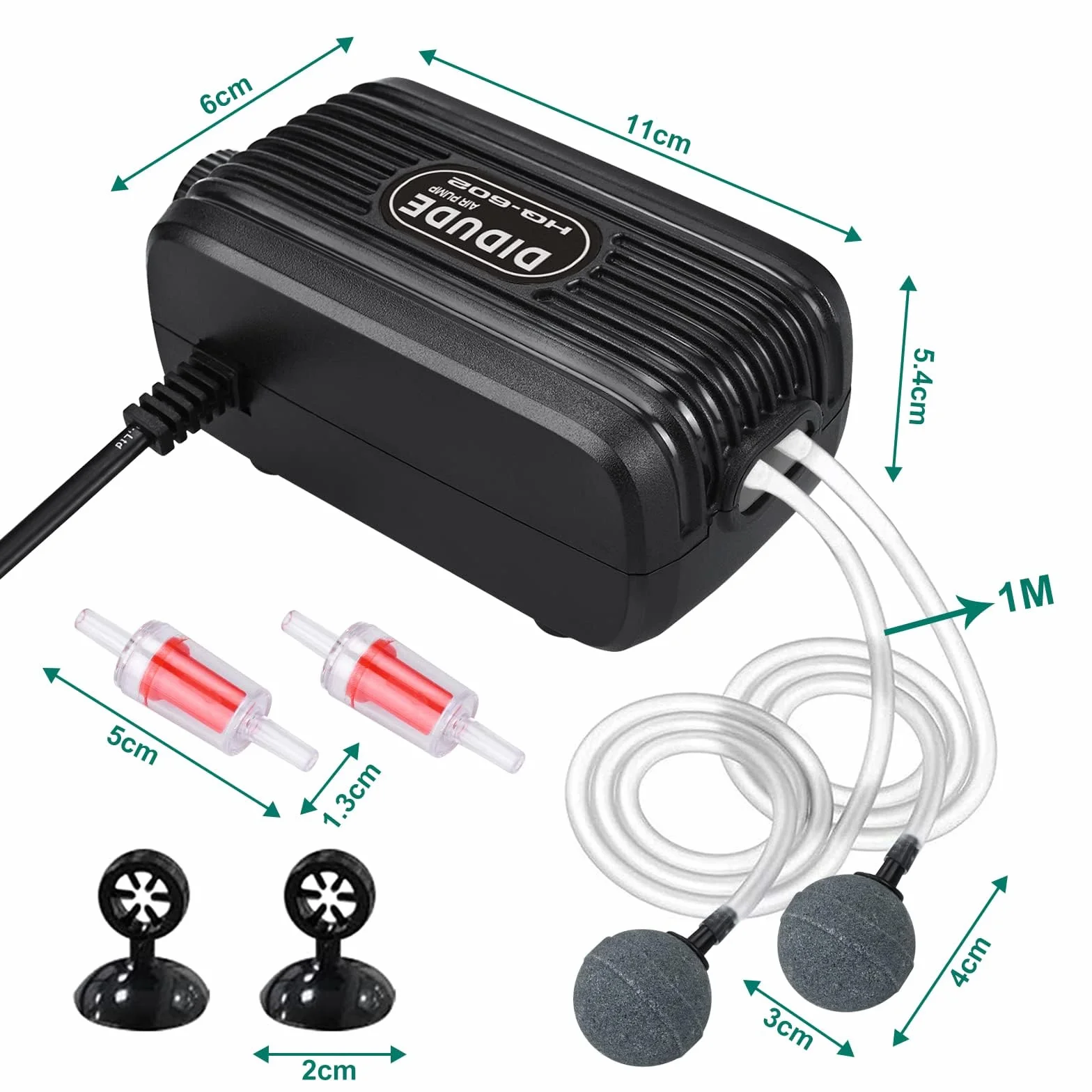 Pompa powietrza do akwarium cicha regulowana 20-40dB podwójne wyjście 2 zawory zwrotne 3,8-300 l