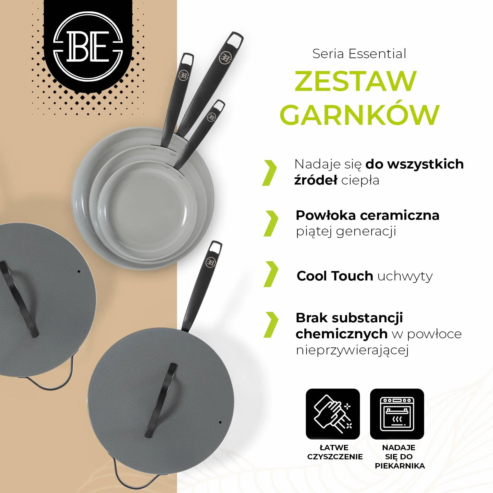 BE Living Essential 5-częściowy zestaw garnków, Ø 20, 24 i 28 cm patelnia do smażenia + Ø 30 cm patelnia do gotowania + Ø 28 cm, zestaw patelni, ceramiczne, bez PFAS, indukcja, szary