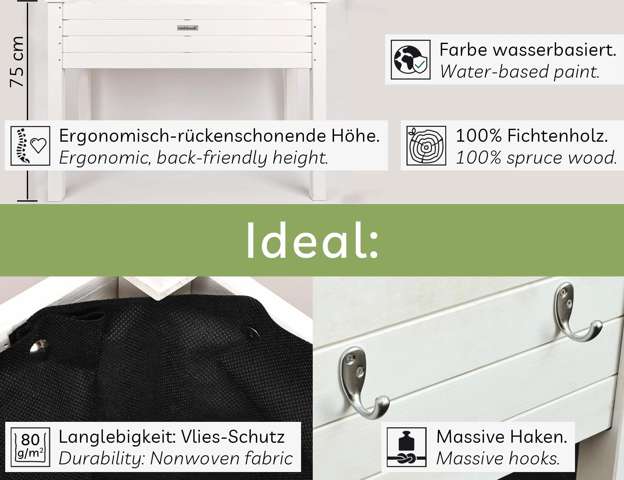 needs&wants® Podwyższona grządka z drewna, do ogrodu, na balkon, taras, skrzynka na rośliny, prostokątna, wąska, z folią z włókniny, grządka na zioła, skrzynka na rośliny, dekoracyjna, biała