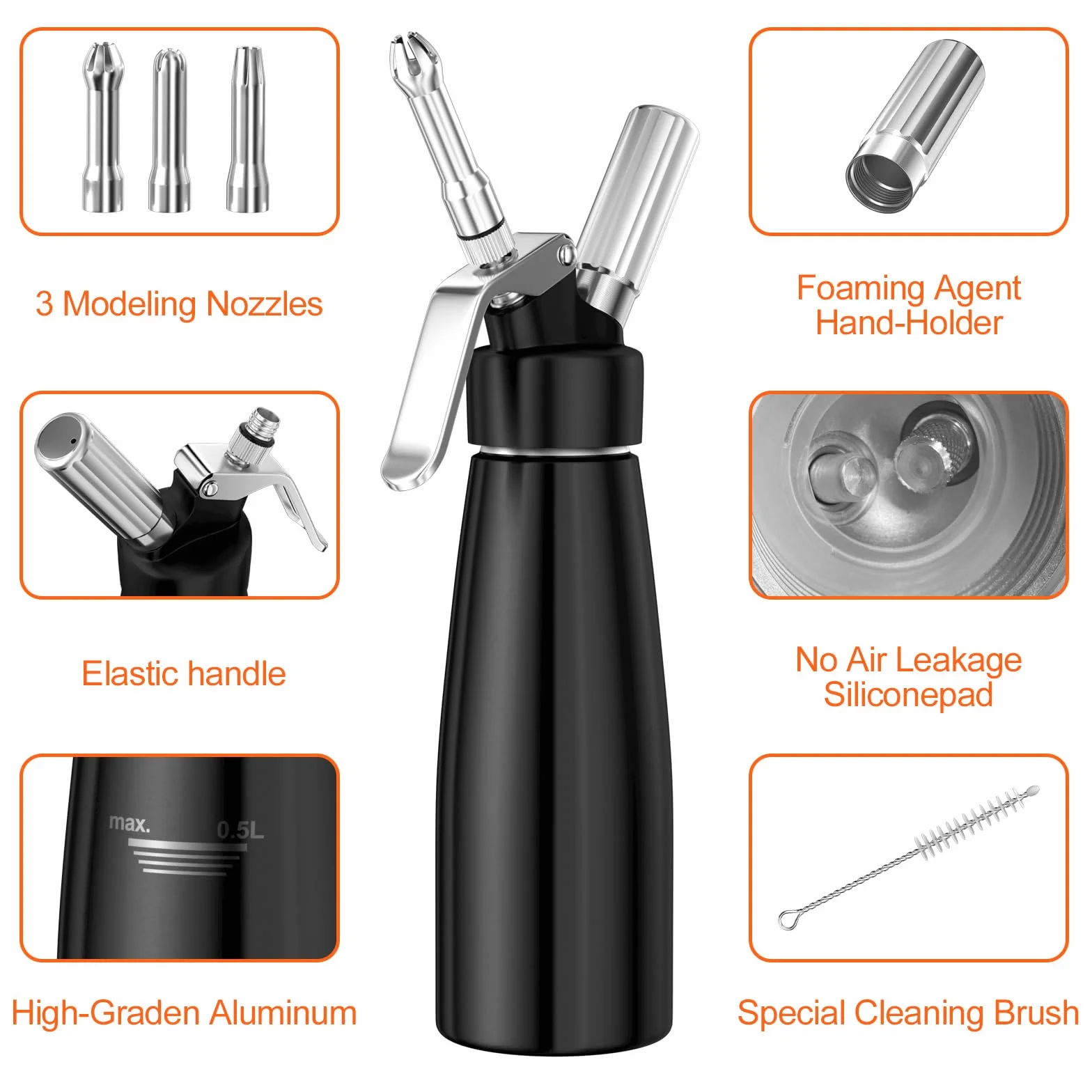 Newaner Syfon do bitej śmietany 500 ml, z aluminium, z 3 końcówkami ze stali nierdzewnej, 1 szczotka do czyszczenia, do dekoracji tortów urodzinowych, ciast, lodów i deserów