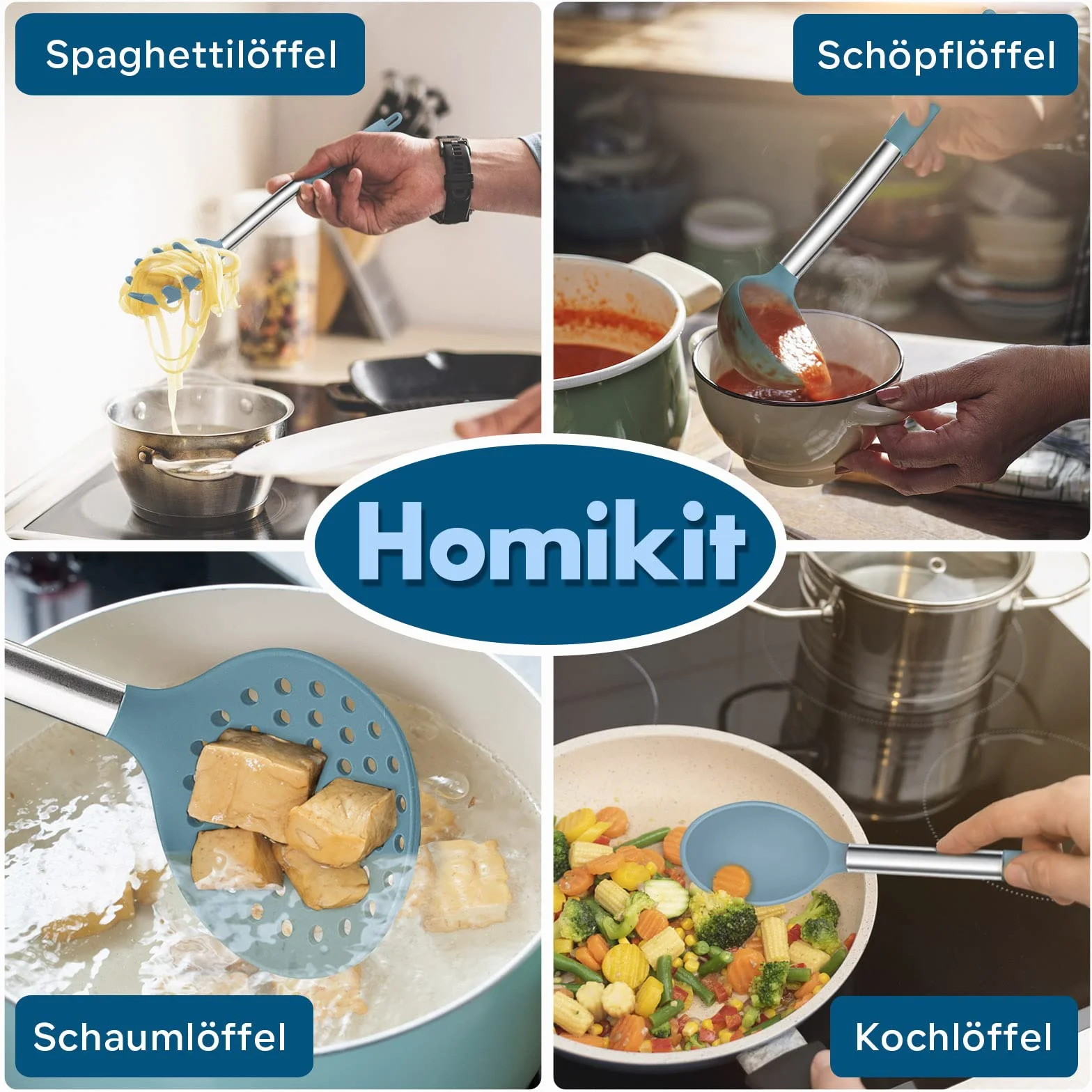 Homikit Zestaw przyborów kuchennych, 10 sztuk, silikonowe, nieprzywierające, odporne na wysokie temperatury, z uchwytem ze stali nierdzewnej, zdrowe, nadają się do mycia w zmywarce, kolor niebieski