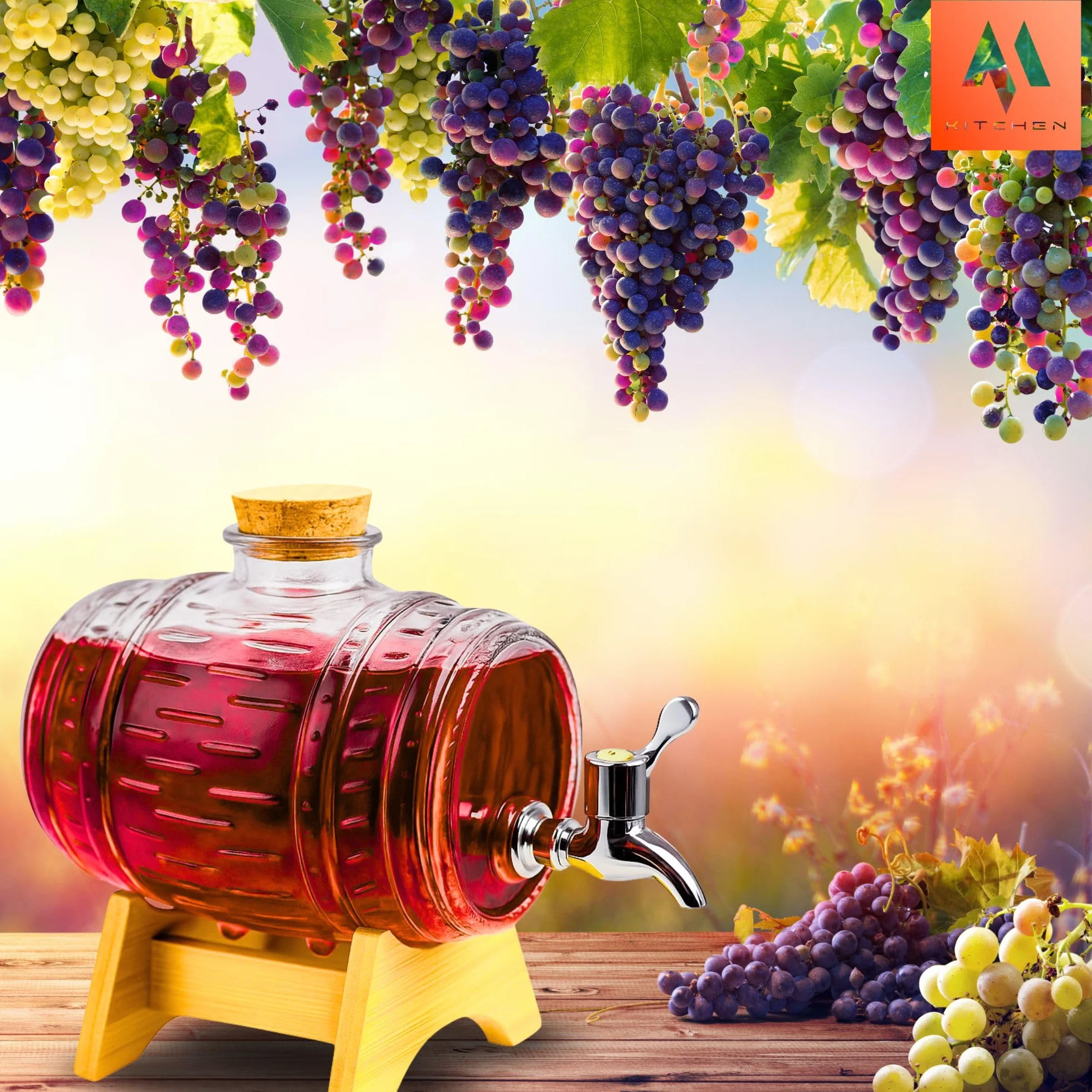 OMAGO® Szklana beczułka z kranikiem 1 L, dozownik napojów w kształcie beczki, karafka do whisky, brandy, wina, soków i lemoniady