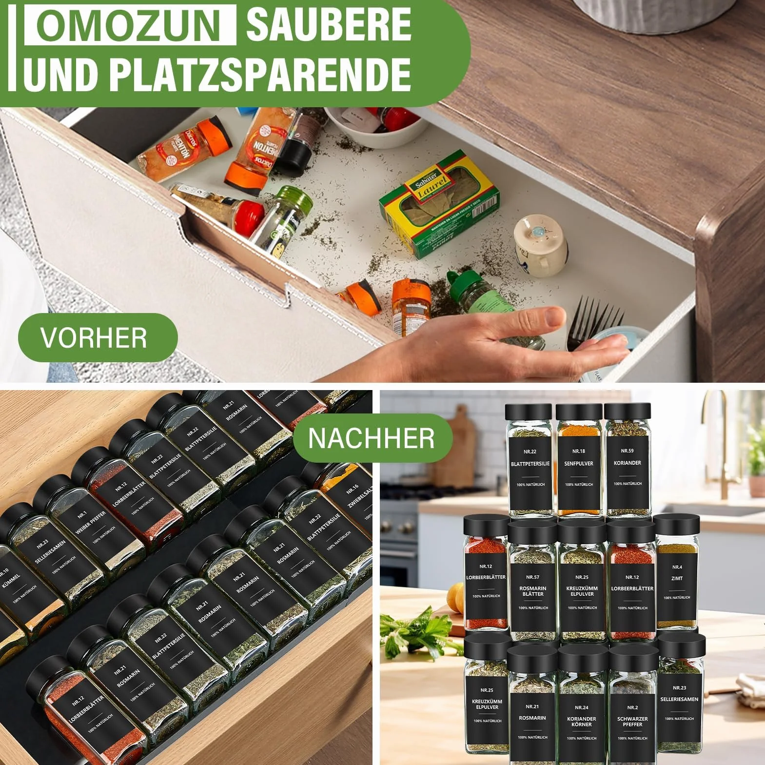 Kwadratowe słoiki na przyprawy z etykietami, zestaw 24 sztuk: małe słoiki na przyprawy, szklane, 120 ml, z wkładką do shakera, wodoodporne etykiety, przechowywanie przypraw do szuflady kuchennej