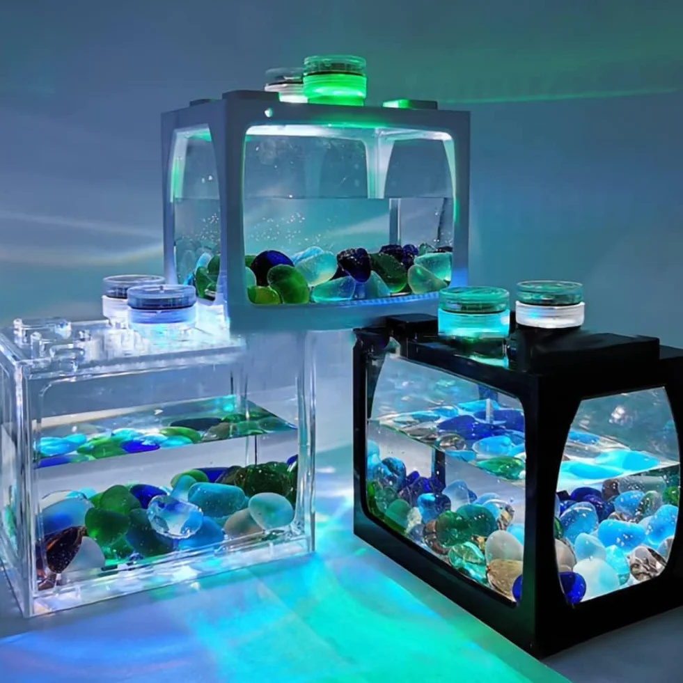 Qcwwy Akrylowe zestaw startowy do akwarium, mini szeregowe pojemnik z oświetleniem LED USB (czarna)