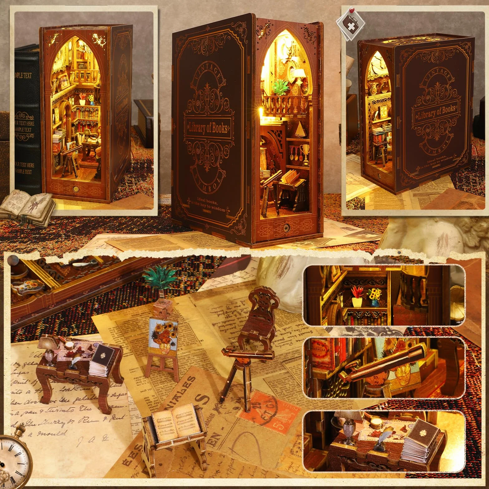 Zestaw DIY Book Nook dla lalek, podpórka do książek z oświetleniem LED, miniaturowy domek dla lalek, puzzle 3D drewniane podpórki do książek (biblioteka książek)