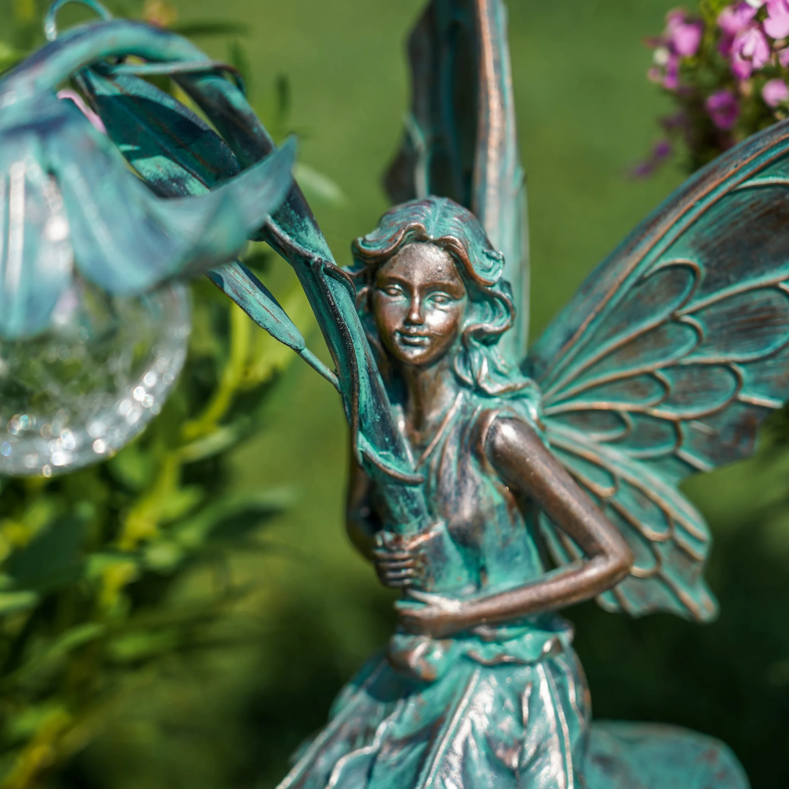 TERESA’S COLLECTIONS Figurki Ogrodowe Siedzące Elfy Kule ze Szkła Słonecznego 35cm Oświetlenie Polystone Brązowy Posąg anioła Figurki do Ogrodu Słonecznego Fairy Statue Dekoracje Ogrodowe