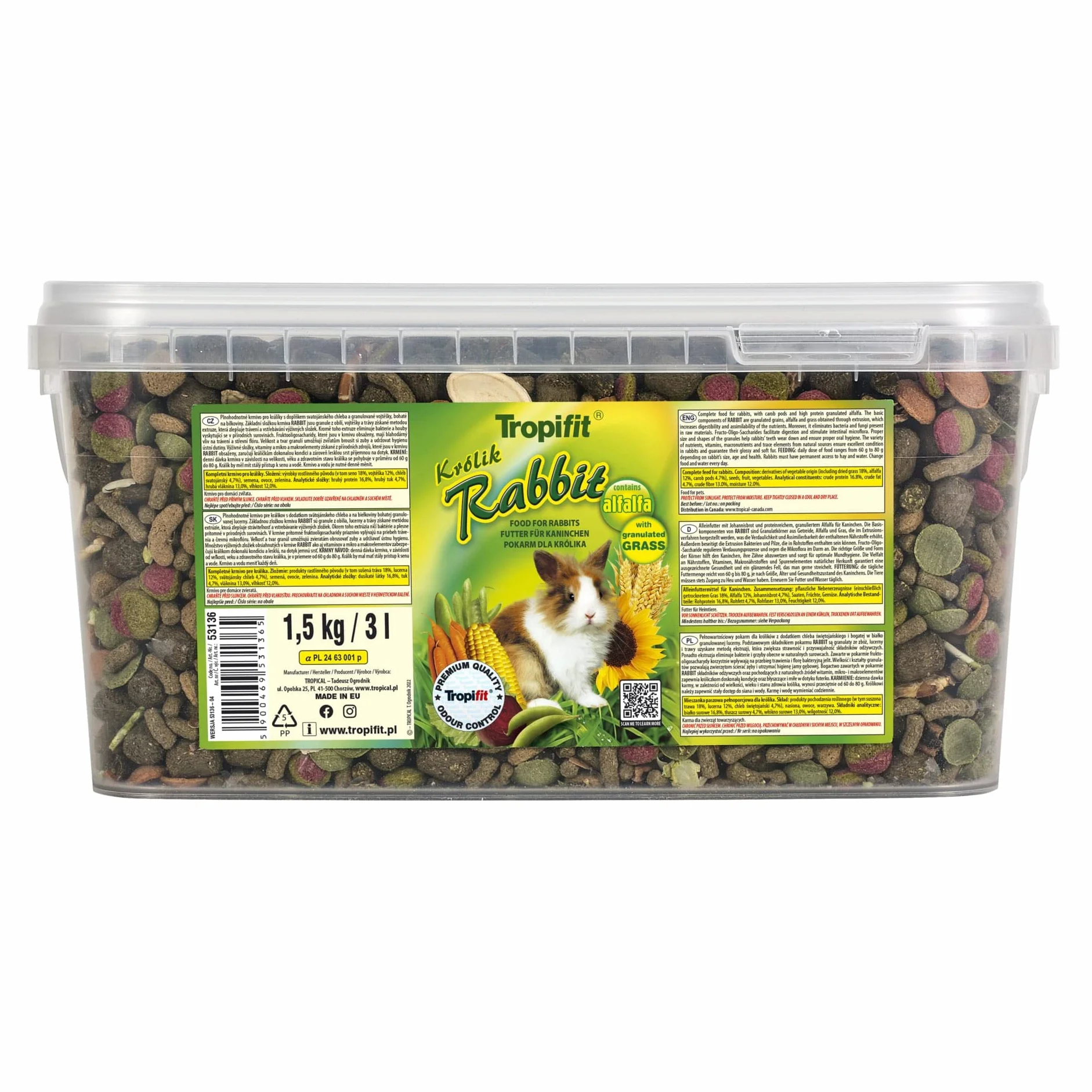 Pełnowartościowy pokarm dla królików z dodatkiem chleba świętojańskiego i bogatej w białko, granulowanej lucerny RABBIT 3L / 1,5kg