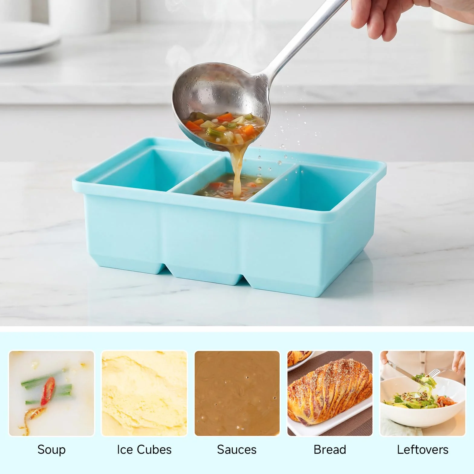 Souper Cubes zestaw 2 pojemników do zamrażania zupy, silikonowych, z pokrywką, nie zawiera BPA, do zamrażarki, do zupy, zamrażarki, kostek lodu (niebieski + zielony, 220 ml)