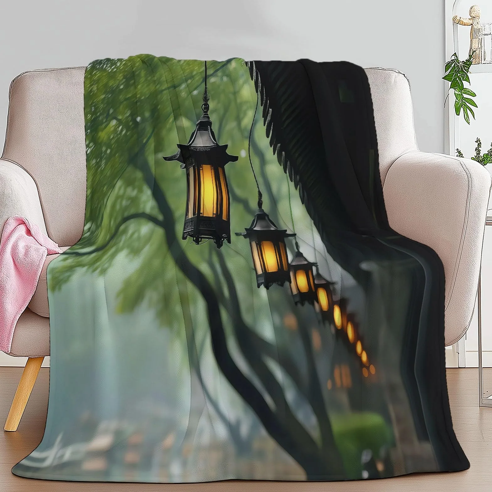 Łupek zielony koc narzuta, chińska architektura, okap, scena uliczna, całoroczny, flanelowy koc, 220 x 240 cm, łupkowa zieleń, miękki, lekki, przytulny, puszysty, pluszowy koc, prezent dla dorosłych