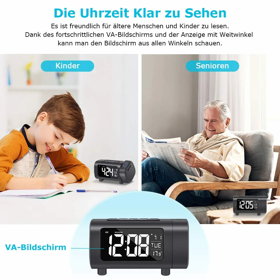 LIORQUE cyfrowy budzik z projektorem, automatyczne wyłączanie, temperatura, radio FM, złącze USB, 2-kolorowe cyfry i 4-stopniowa jasność, tryb weekendowy, funkcja drzemki (czarny)