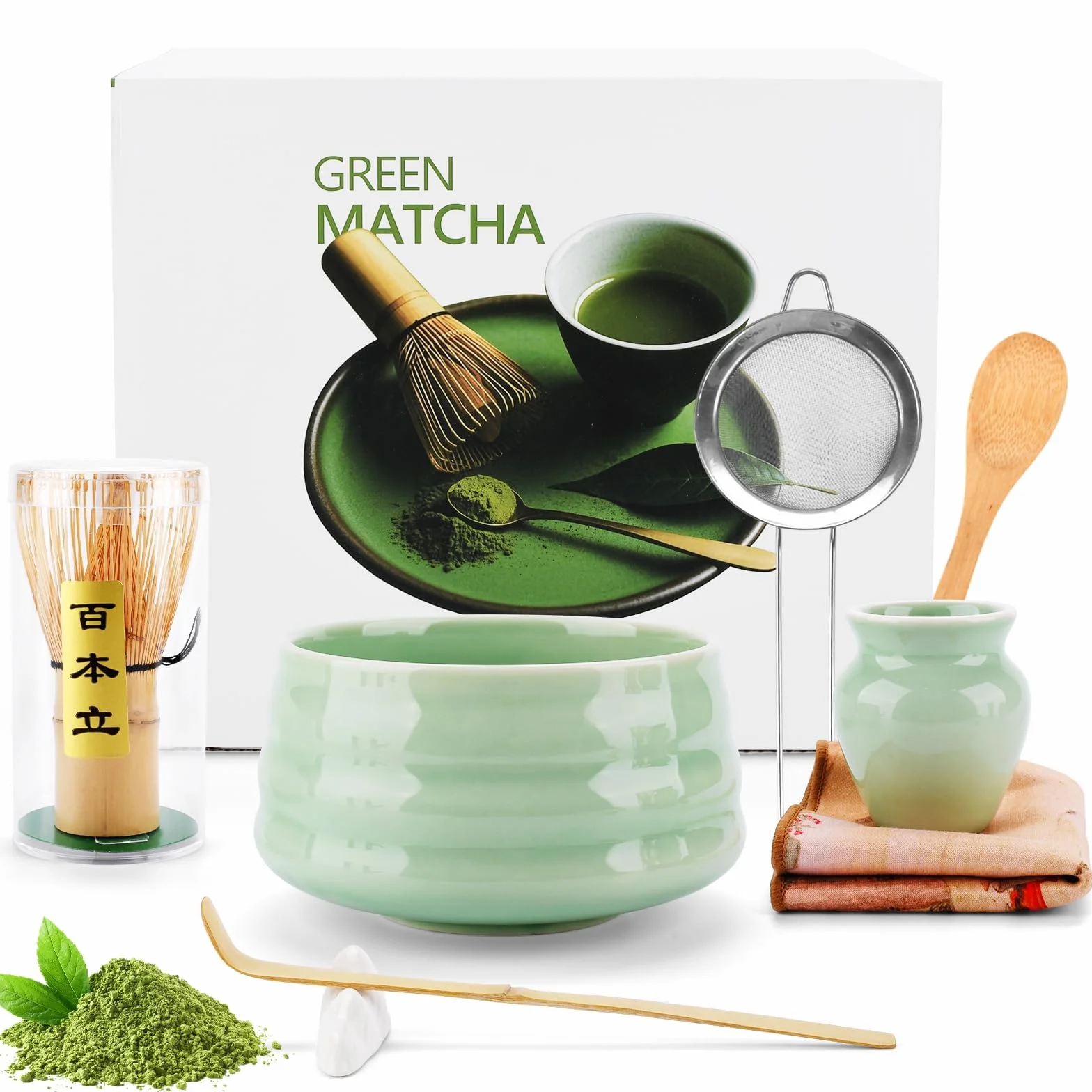 JOYBOY 8-Częściowy Zestaw do Parzenia Matchy,Zestaw do Herbaty Matcha,Miseczka do Matchy,Trzepaczka do Matchys,Podstawka Chasen,Łyżeczka do Matchys,Sitko,Serwetka do Herbaty,Uchwyt Na Łyżeczkę
