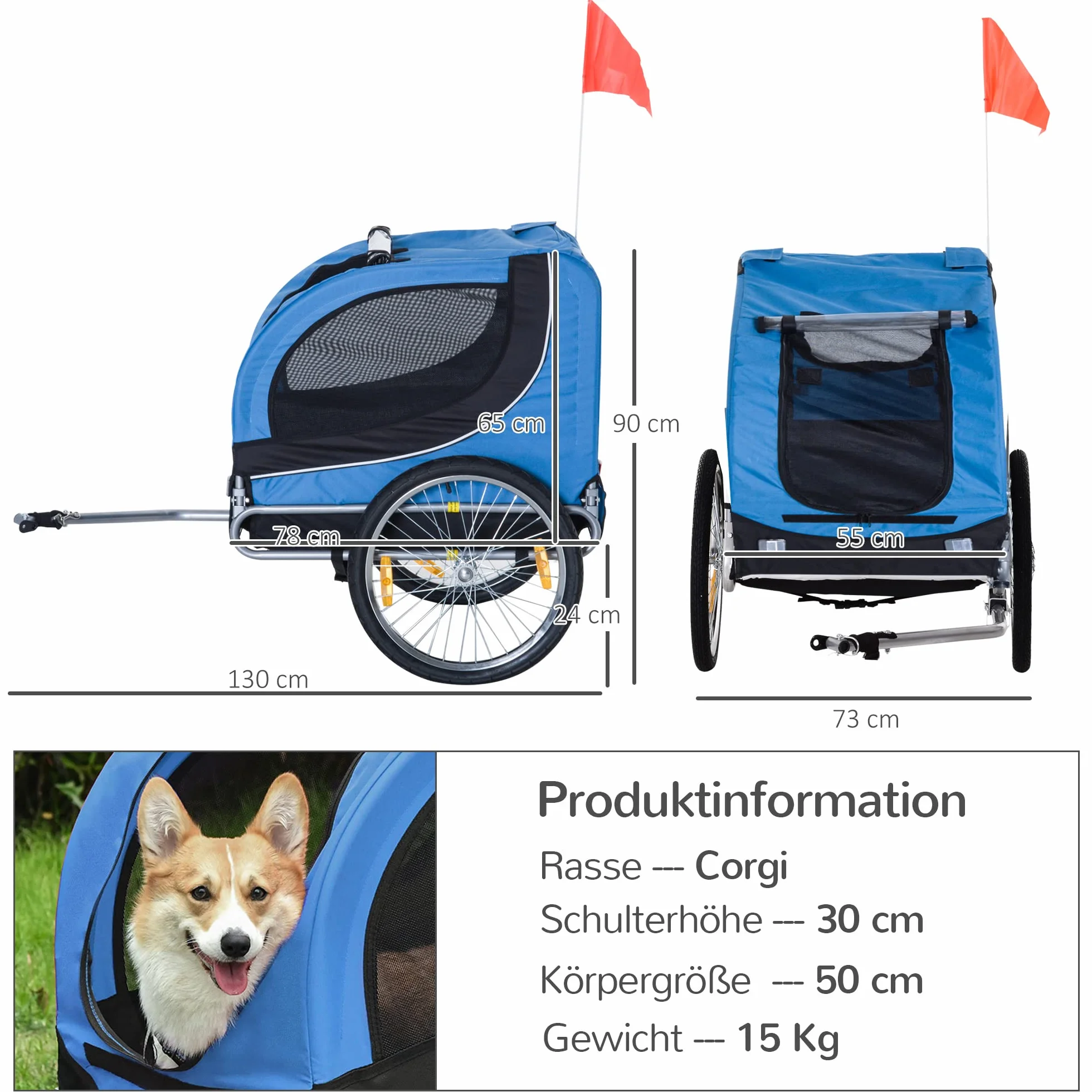 PawHut hondenfietskar fietskar hondendrager hondenfietskar blauw 130 x 73 x 90 cm