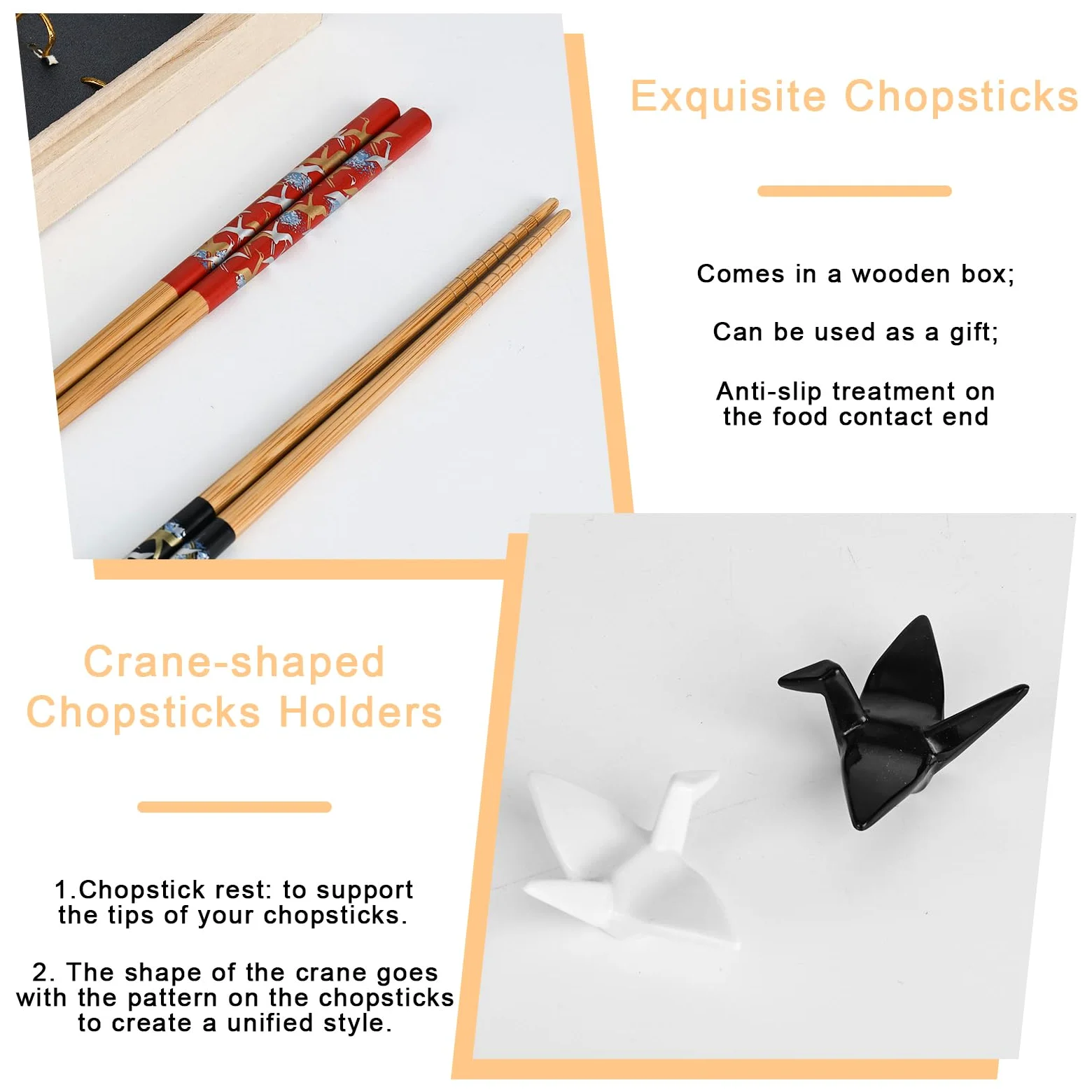 Zestaw pałeczek do sushi origami, 2 pary wraz z podkładkami ceramicznymi, ekskluzywne drewniane opakowanie, styl japoński, chiński, koreański i tajwański