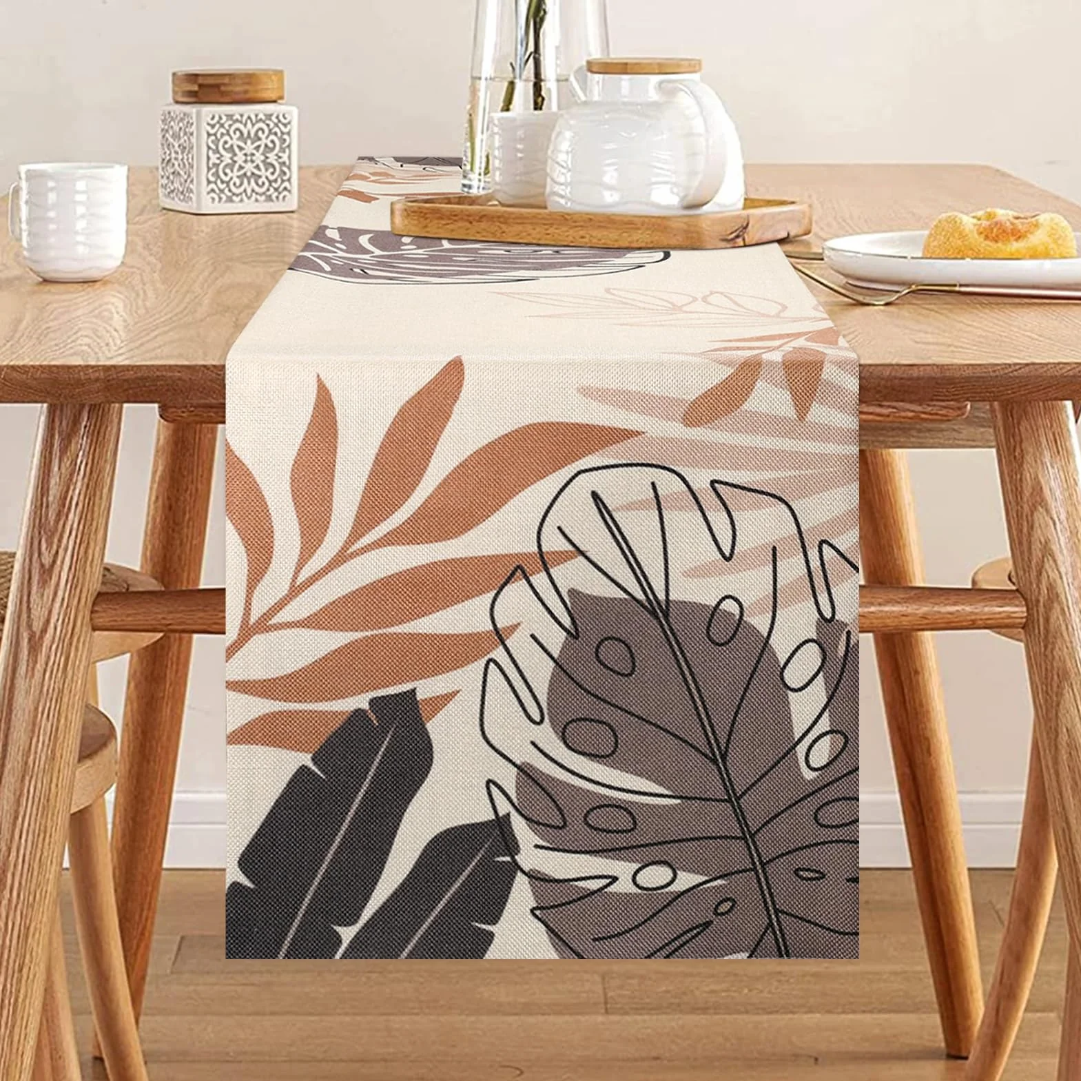 Bieżnik na stół, nowoczesny, tropikalne liście, lniany bieżnik w stylu boho, zmywalny, zielone liście, bieżnik 33 x 183 cm, antypoślizgowy obrus na stół jadalny