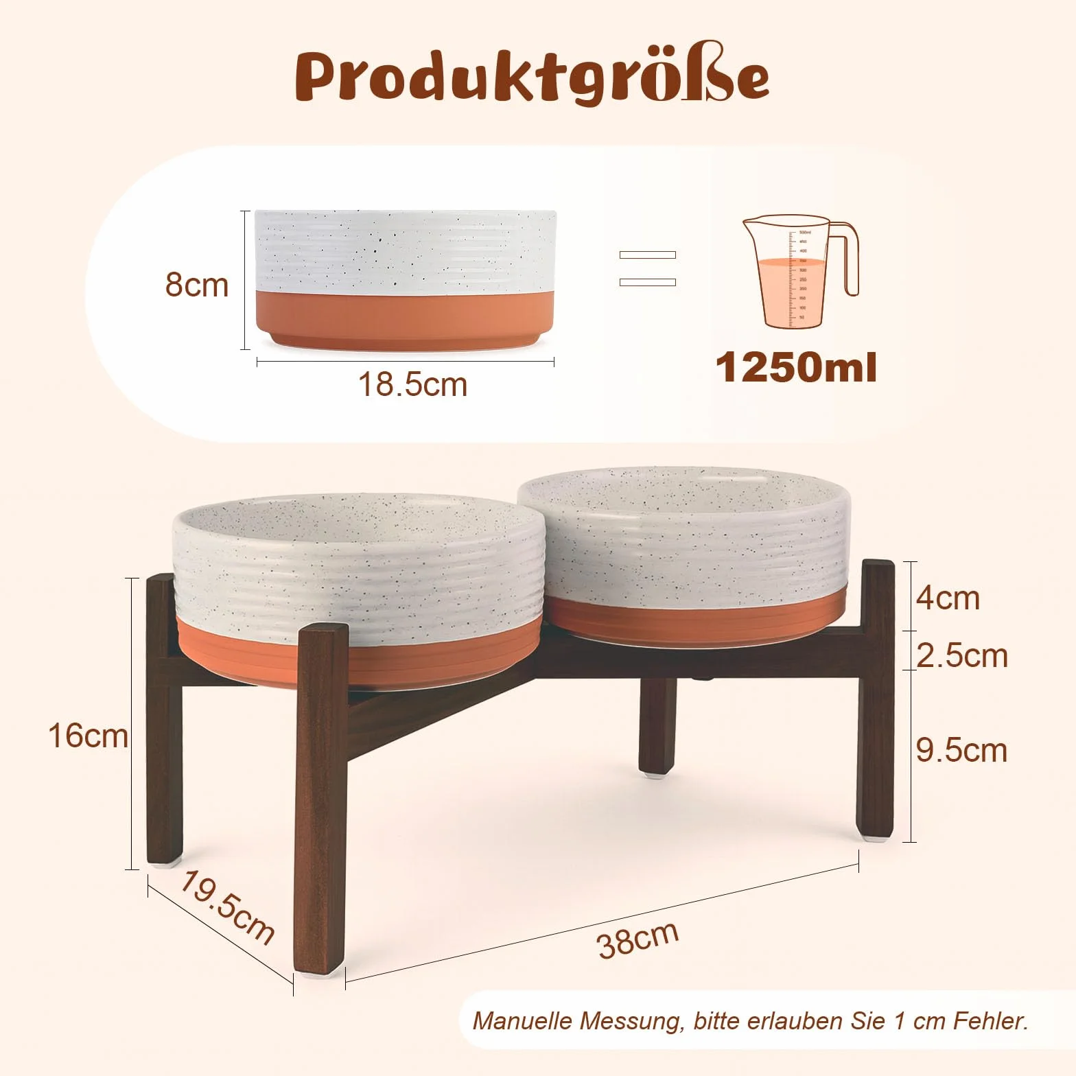 SPUNKYJUNKY Ceramiczna miska dla psa podwyższona ze stojakiem z drewna akacjowego 1250 ml biała czerwono-brązowa