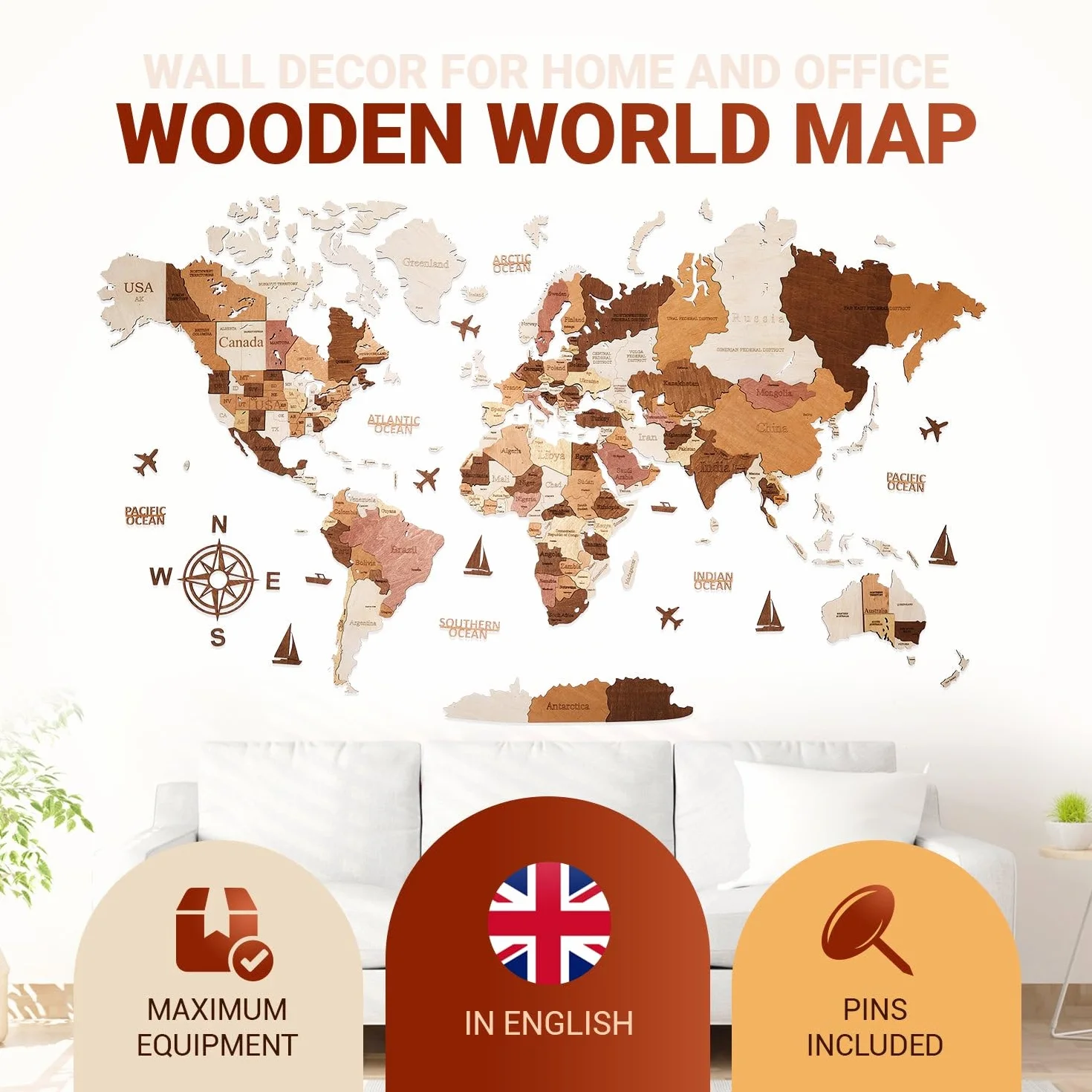 WOW WOOD Drewniana mapa świata 3D na ścianę — wersja angielska | montaż bez wiercenia (taśma akrylowa, szablony) (Art Deco, Kolor drewna w języku angielskim, 120 x 65 cm)
