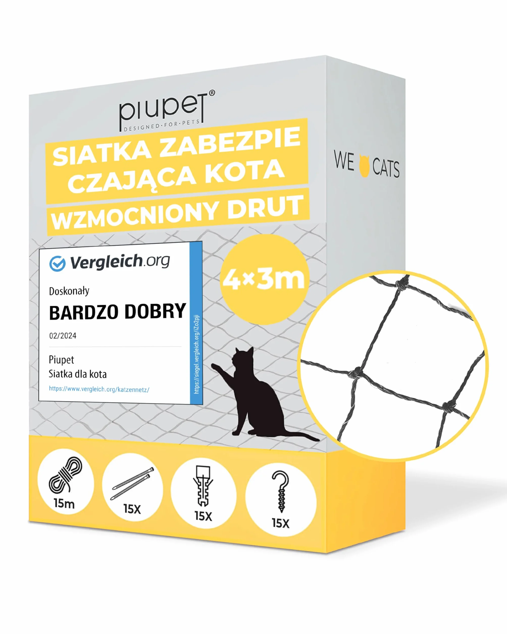 PiuPet® Siatka dla kota wzmocniona drutem 4 x 3 m, na balkon i okno, w zestawie zestaw do mocowania, siatka balkonowa dla kotów, czarna