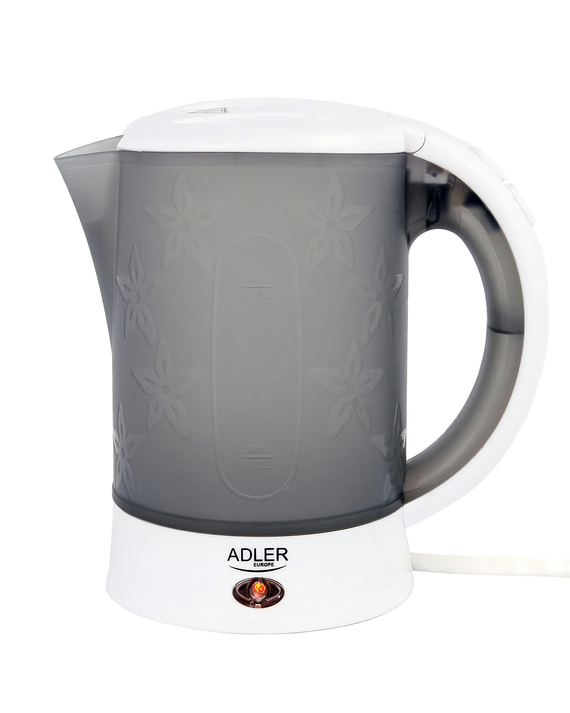 Adler AD 1268 Czajnik podróżny 0,6L 600W z 2 kubkami i 2 łyżeczkami, biało-szary, automatyczne wyłączanie