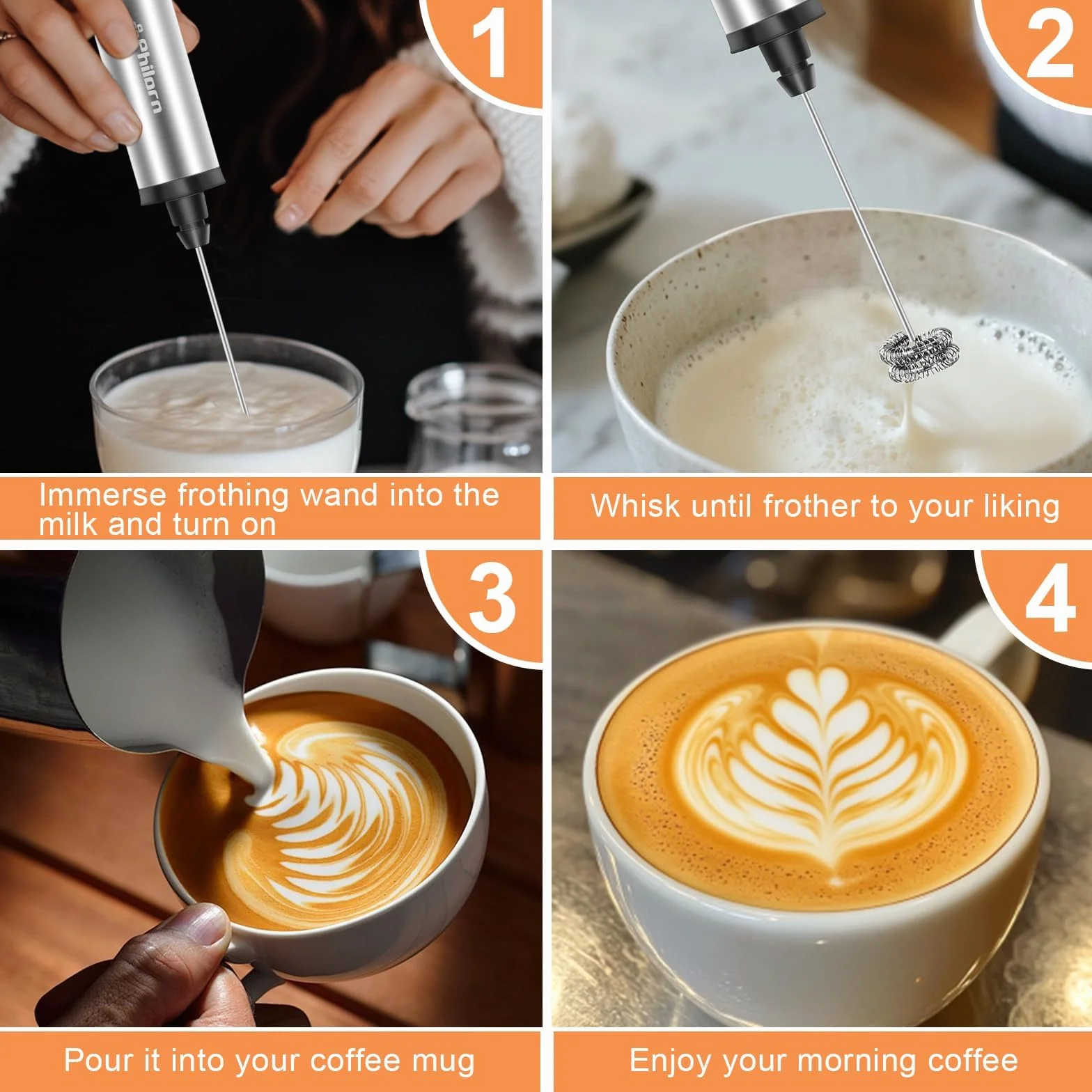 Philorn Spieniacz do mleka ze stojakiem, do wielokrotnego ładowania, ręczny spieniacz do kawy z 3 głowicami, 3 prędkości, ręczny mikser elektryczny do latte, cappuccino, matcha, mleka migdałowego