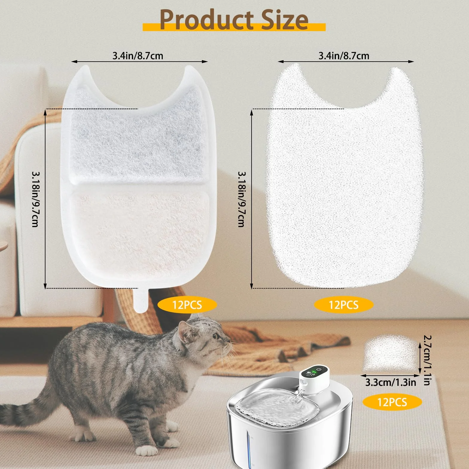12 szt. filtrów do fontanny FEELNEEDY 4L dla kotów (model YPD-C004) – w zestawie 12 filtrów węglowych, 12 prefiltrów gąbkowych i 12 filtrów pompy