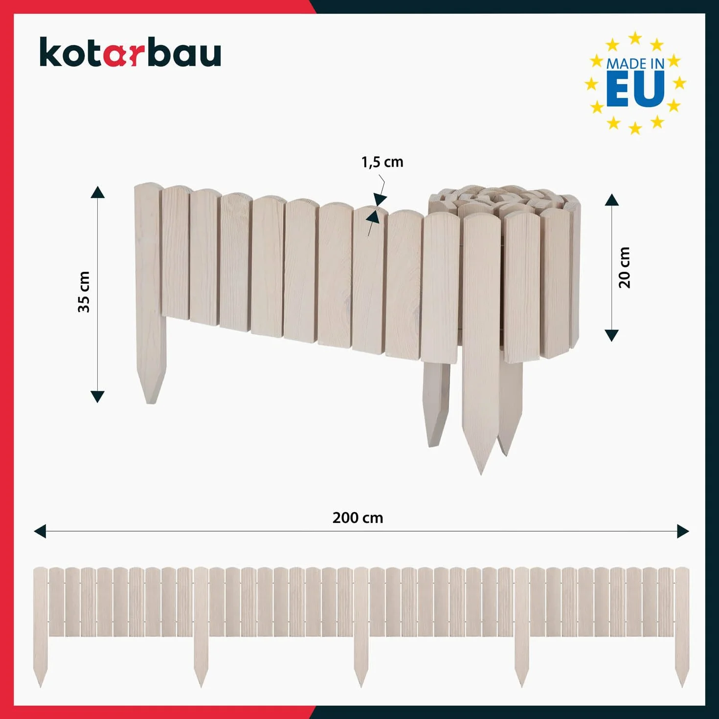 KOTARBAU® Płotek Ogrodowy Wbijany - 200 X 20 CM - Obrzeże Trawnika - Płot Drewniany - Palisada - Biały