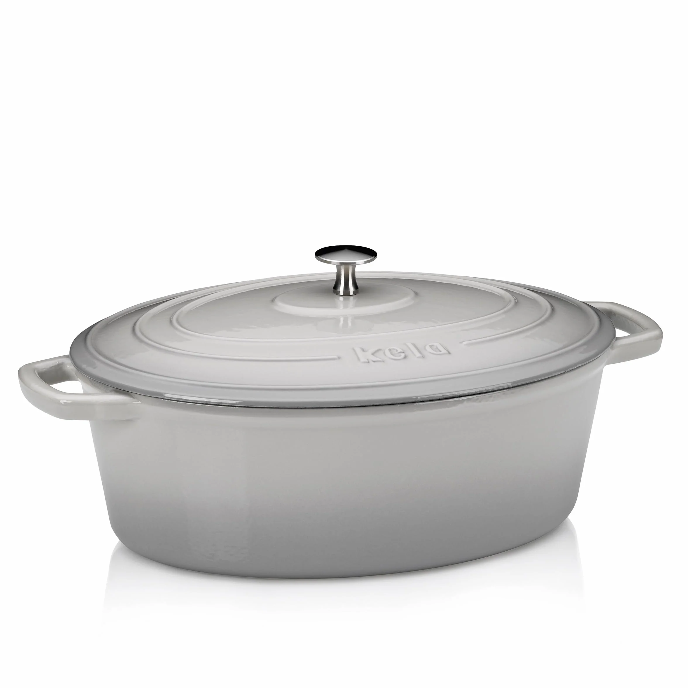kela Garnek żeliwny owalny 6 litrów, Dutch Oven CALIDO, indukcyjna brytfanna żeliwna z pokrywką, żeliwny garnek do pieczenia chleba, emaliowana, jasnoszara, szara