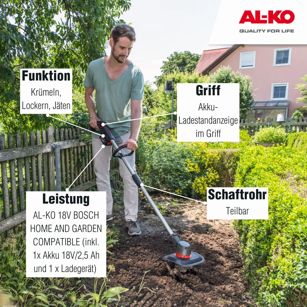 AL-KO Akumulatorowa glebogryzarka TL 1820, akumulator litowo-jonowy 18 V (akumulator i ładowarka wchodzą w zakres dostawy), szerokość robocza 20 cm, metalowy nóż 4x4, dzielony trzpień, czarno-srebrna