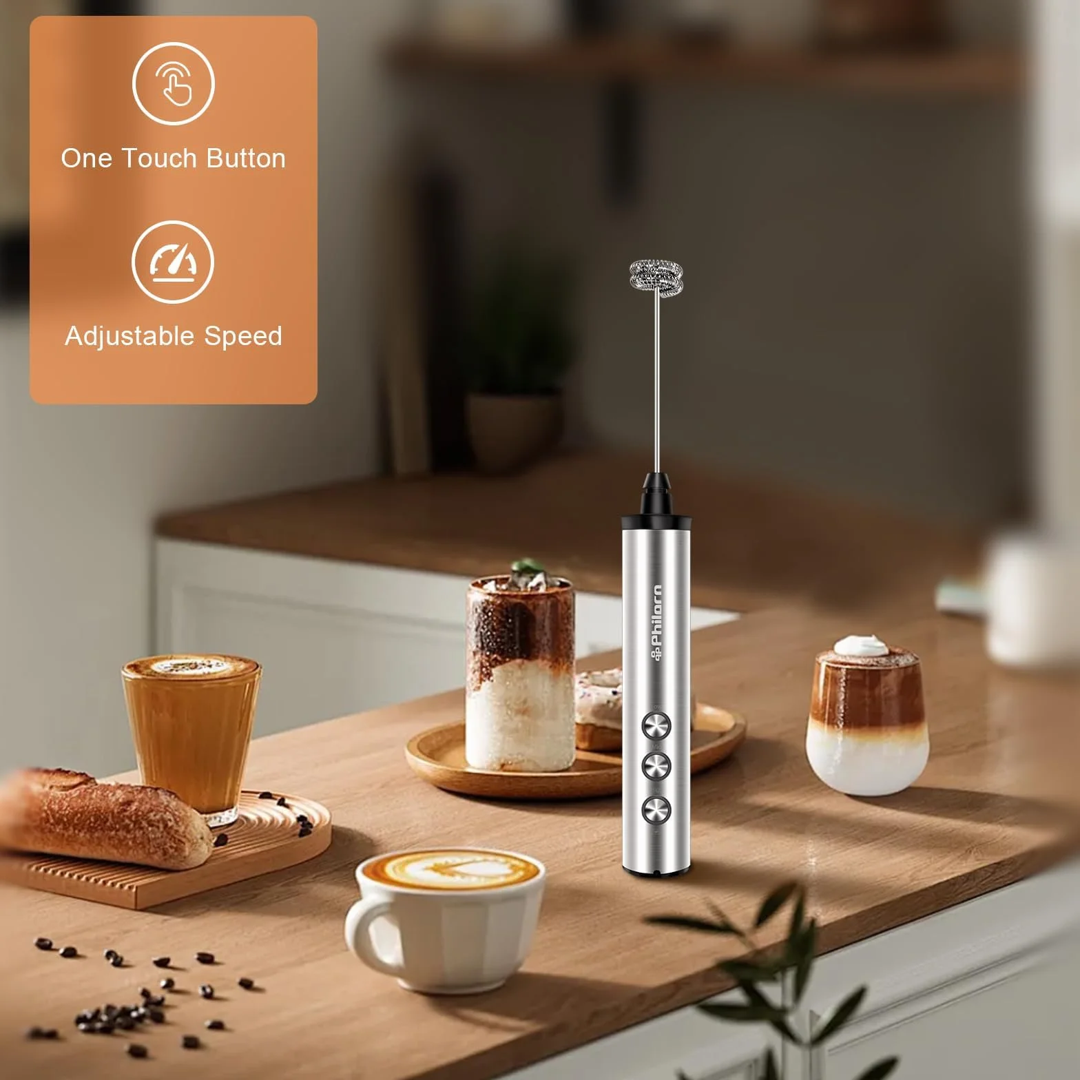 Philorn Spieniacz do mleka ze stojakiem, do wielokrotnego ładowania, ręczny spieniacz do kawy z 3 głowicami, 3 prędkości, ręczny mikser elektryczny do latte, cappuccino, matcha, mleka migdałowego