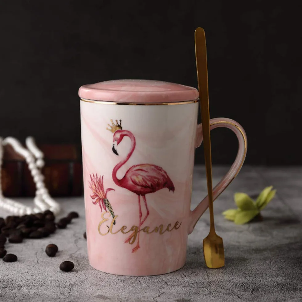 Kubek flamingowy kubek do kawy herbaty ceramiczny porcelanowy kubek z łyżką i pokrywką (flaming różowy, 400 ml)