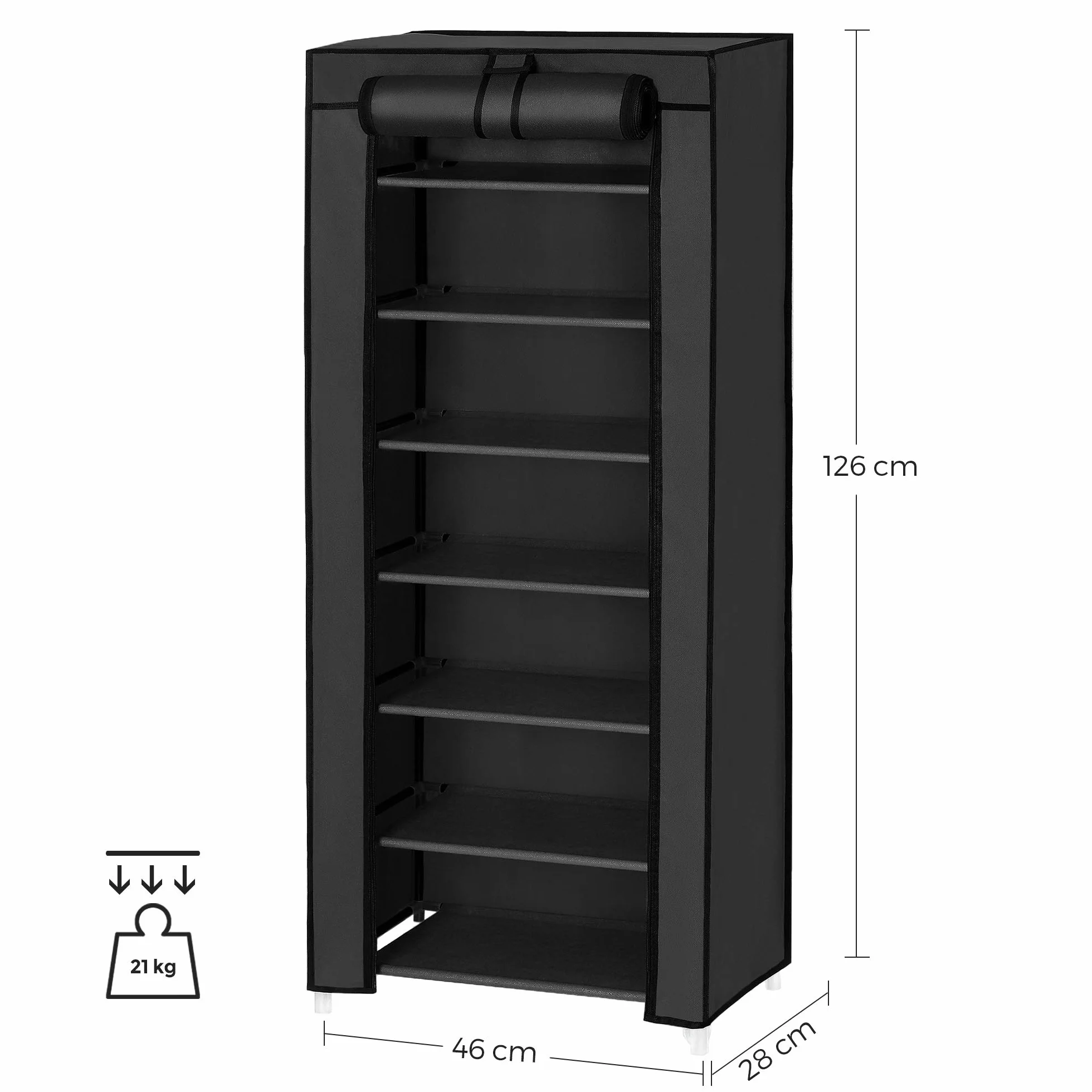 SONGMICS RXJ024B02V1 Regał na buty, szafka na buty, 7 poziomów, z obiciem z materiału, pojemna, szafka z materiału, przechowywanie butów, 46 x 28 x 126 cm (dł. x szer. x wys.), czarny