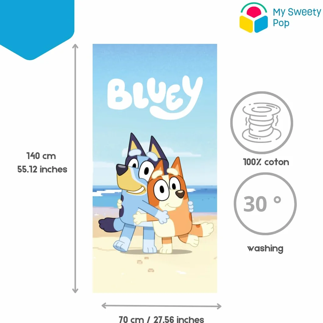 Ręcznik plażowy bluey - Ręcznik kąpielowy - Dzieci - 70 x 140 cm - 100% Bawełna - Wakacje - Pomysł na prezent - Niebieski - Niebieski/Piaskowy - Pies - Lis