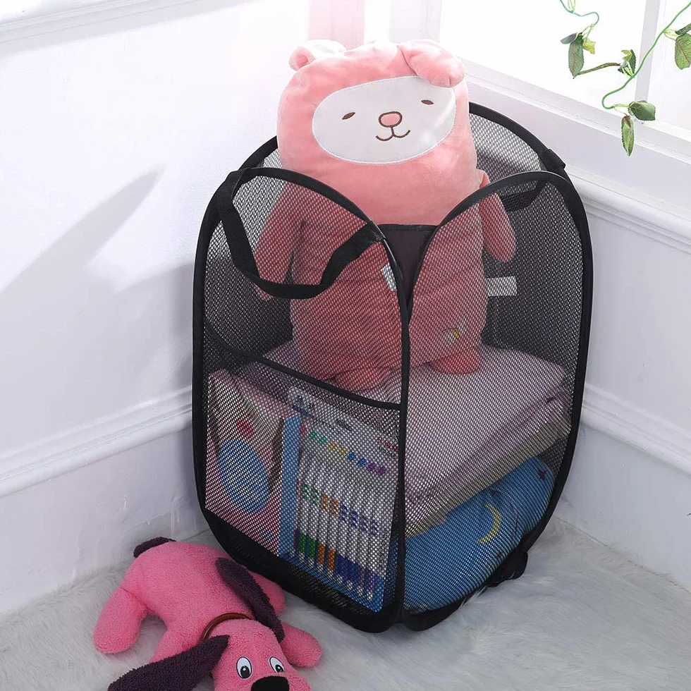 WD&CD Kosz na pranie [Zestaw 2 sztuk] Składane kosze na bieliznę Pop Up Mesh, torba na pranie, składany kosz na pranie z uchwytem, czarny