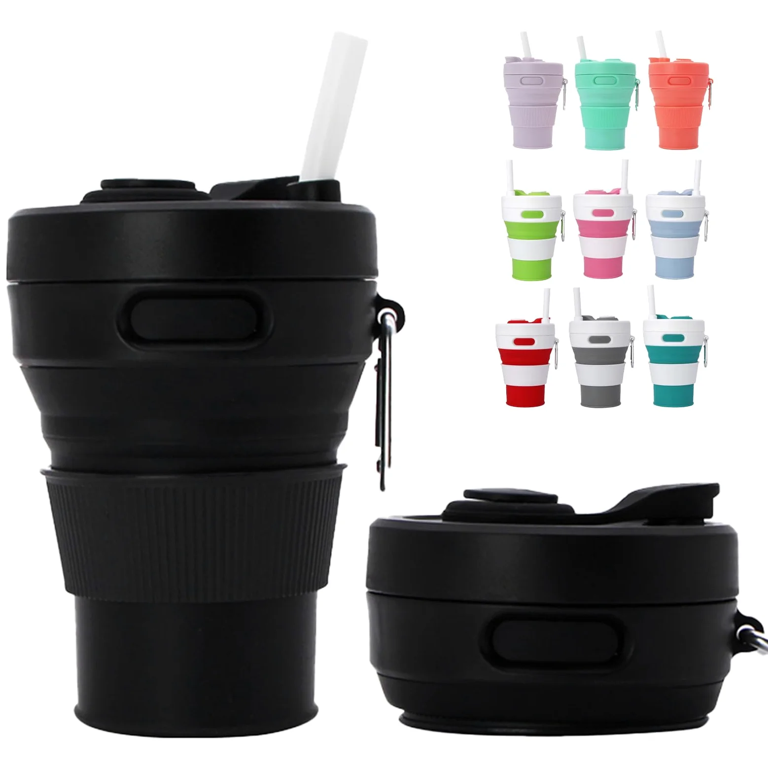 Składany kubek do kawy z pokrywkami, 15oz/450ml, czarny, silikonowy, przenośny, wielokrotnego użytku, składany, kempingowy, podróżny kubek mieści się w kieszeni (składany do 6 cm)