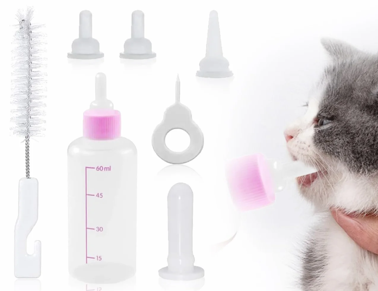 KAPSING Butelka do hodowli domowych 60 ml, dla małych kotów, psów, zestaw dla szczeniaków i kociąt (różowa)